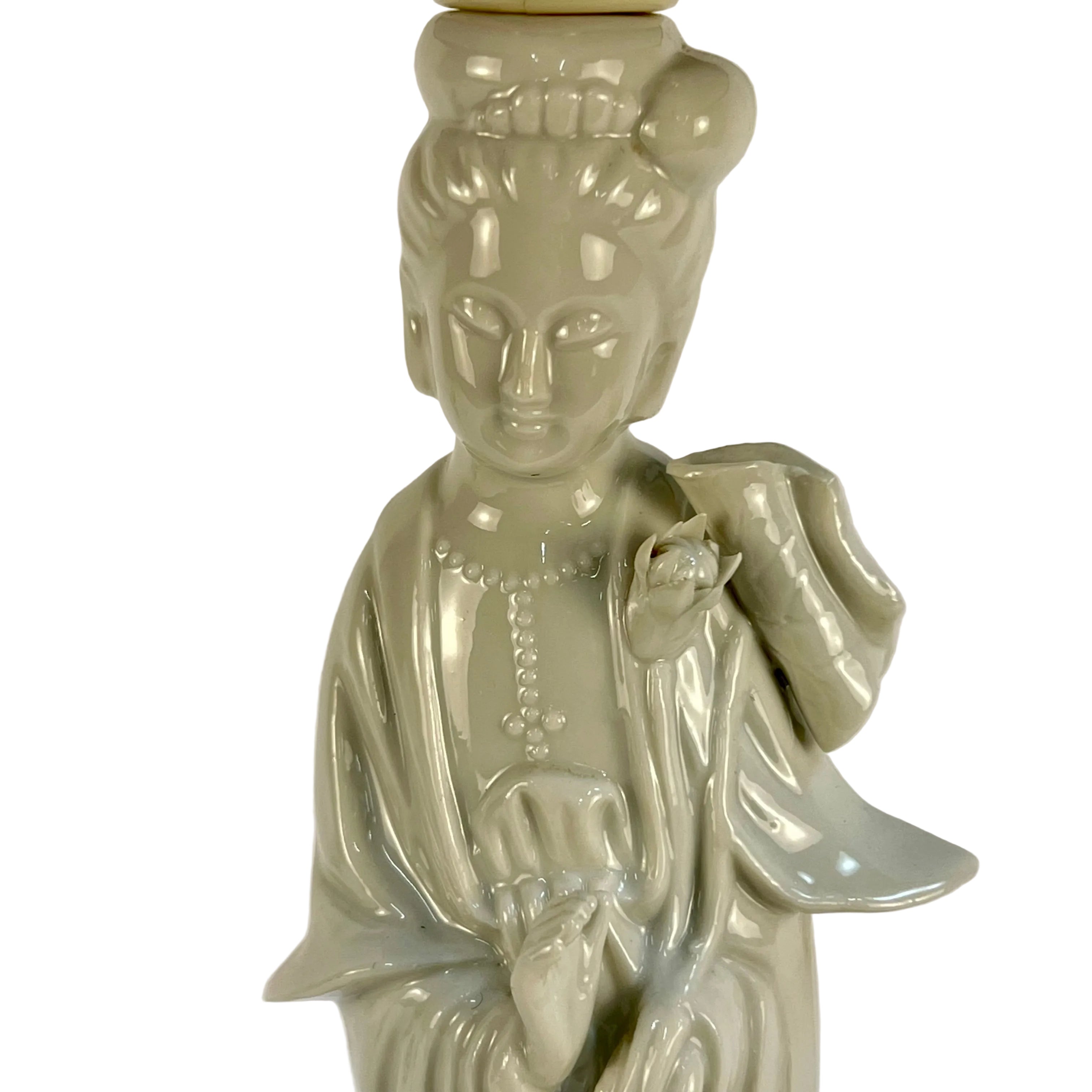 Vintage Blanc de Chine Guan Yin Table Lamp with Custom Handmade Blue & White Lampshade Included | Asian Ceramic Goddess Lamp | Chinoiserie Decor