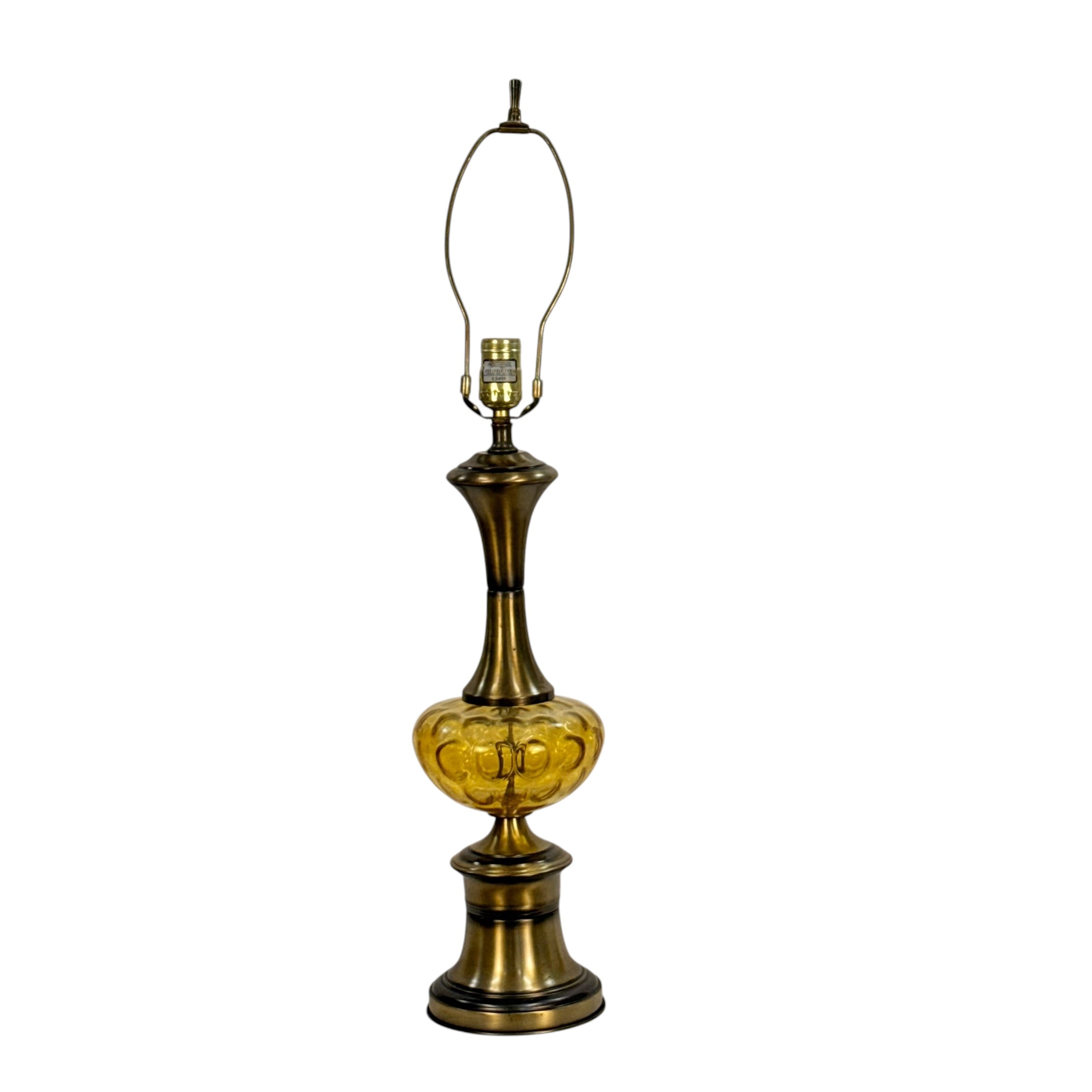 Vintage Mid Century Modern Amber Glass Table Lamp | Brass Tone MCM Lighting
