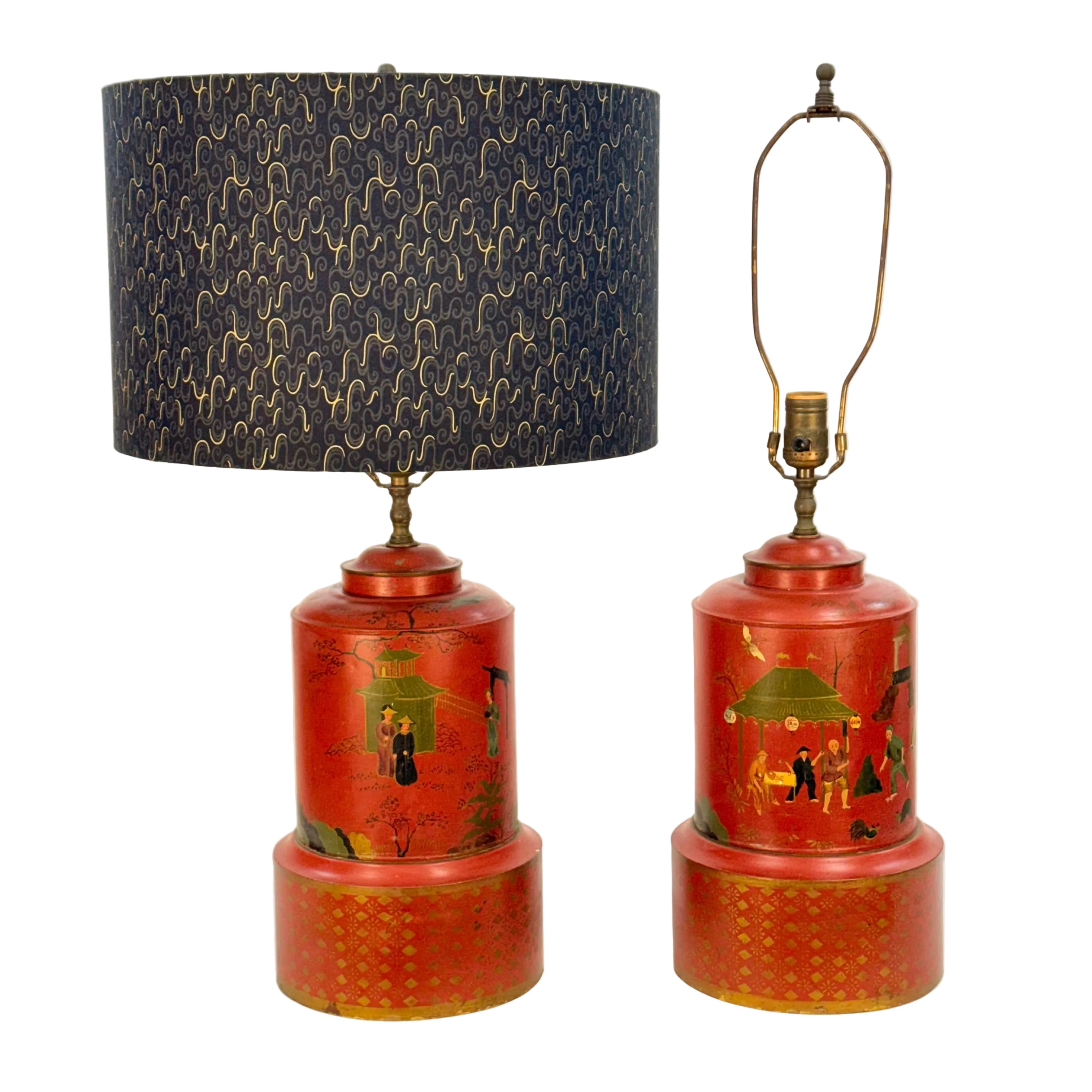 Pair of Large Hand Painted Japanese Market Scene Lamps