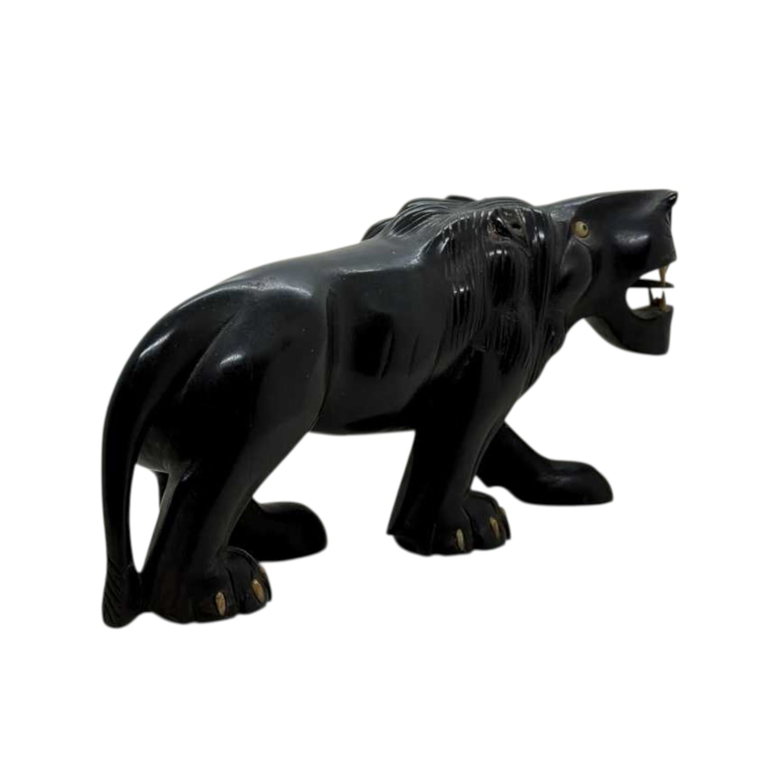 Hand Carved Ebony Wood Lion | Vintage African Lion Sculpture | Black Wood Safari Decor | Handcrafted Wooden Lion Figurine | Tribal Home Decor