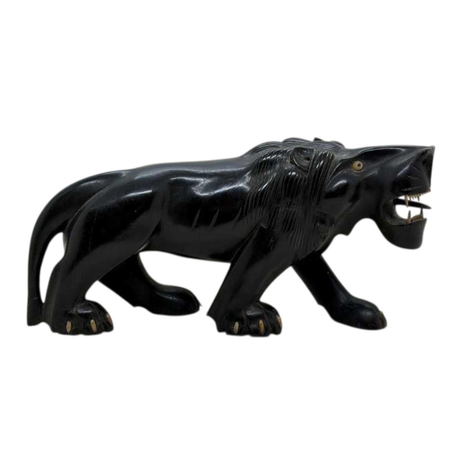 Hand Carved Ebony Wood Lion | Vintage African Lion Sculpture | Black Wood Safari Decor | Handcrafted Wooden Lion Figurine | Tribal Home Decor