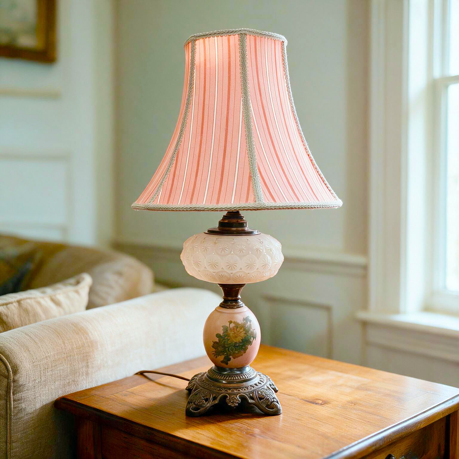 Electrified Glass Pressed Oil Lamp | Pink Floral Table Lighting | Vintage Star Electrified Lamp
