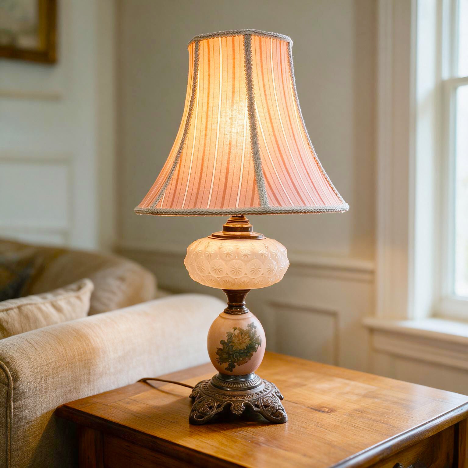 Electrified Glass Pressed Oil Lamp | Pink Floral Table Lighting | Vintage Star Electrified Lamp
