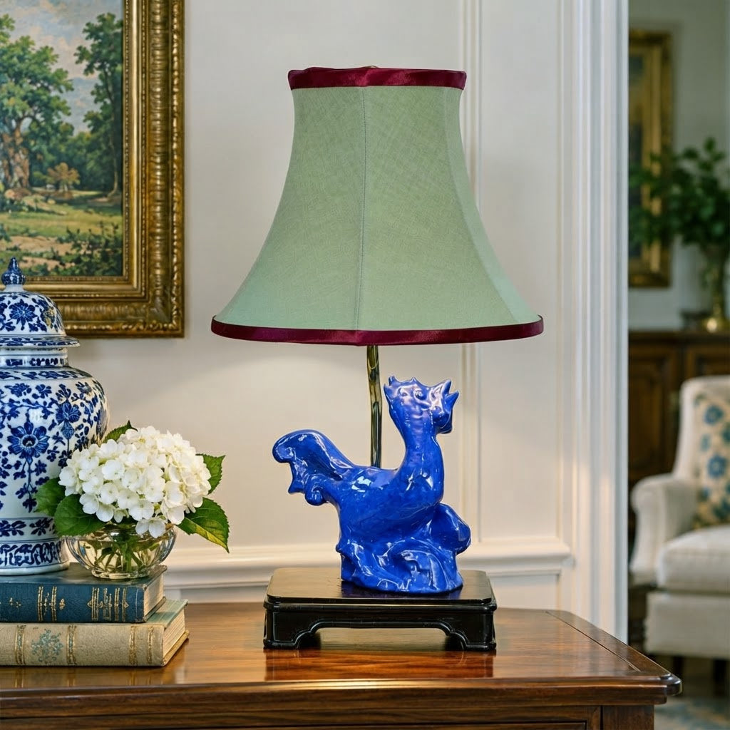 Vintage Cobalt Blue Ceramic Rooster Table Lamp, Figural Chicken Lamp, Chinoiserie Lighting, Asian Inspired Decor