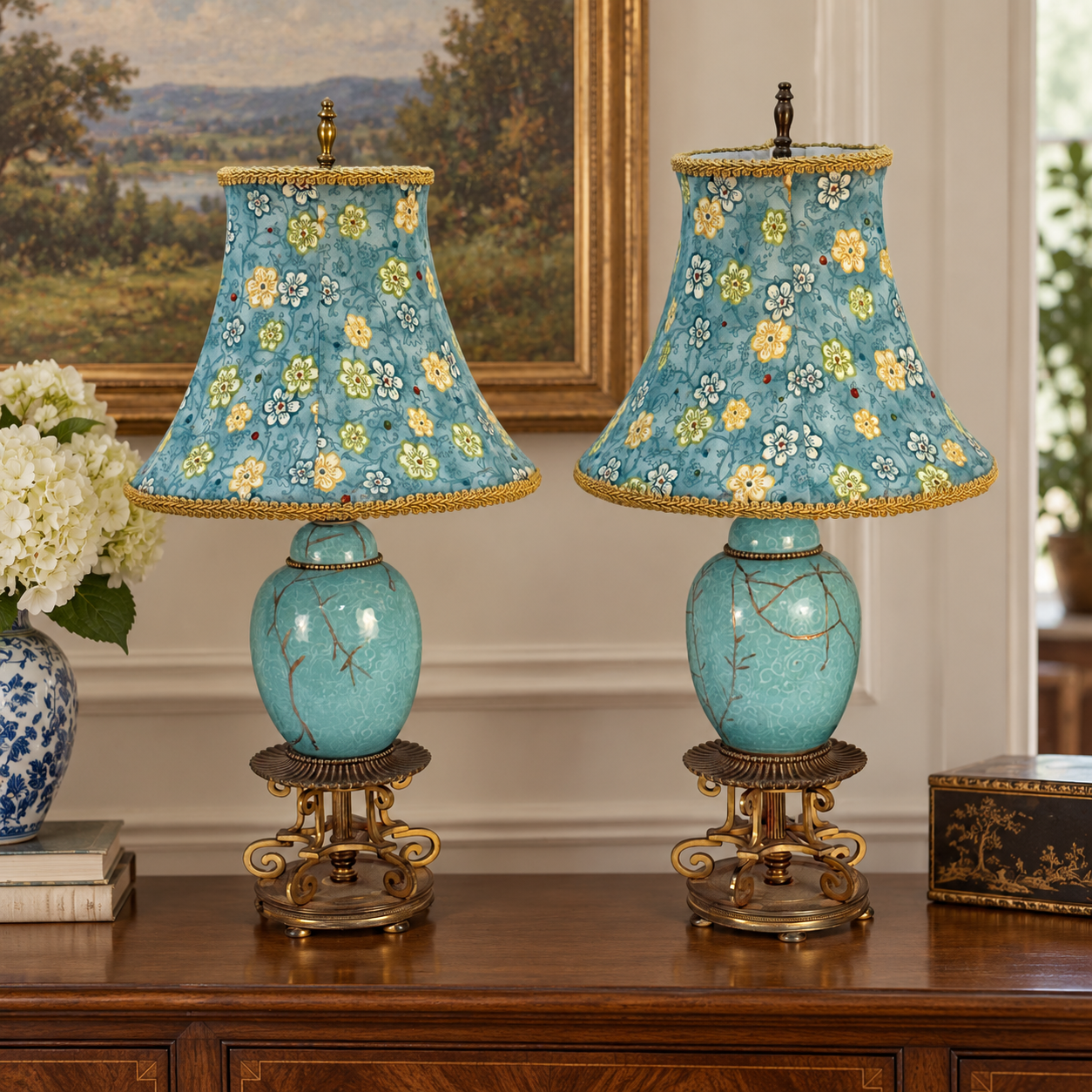 Pair Vintage Turquoise Celadon Style Ceramic Table Lamps, Kintsugi Inspired Gold Repair, Ornate Brass Chinoiserie Lamps