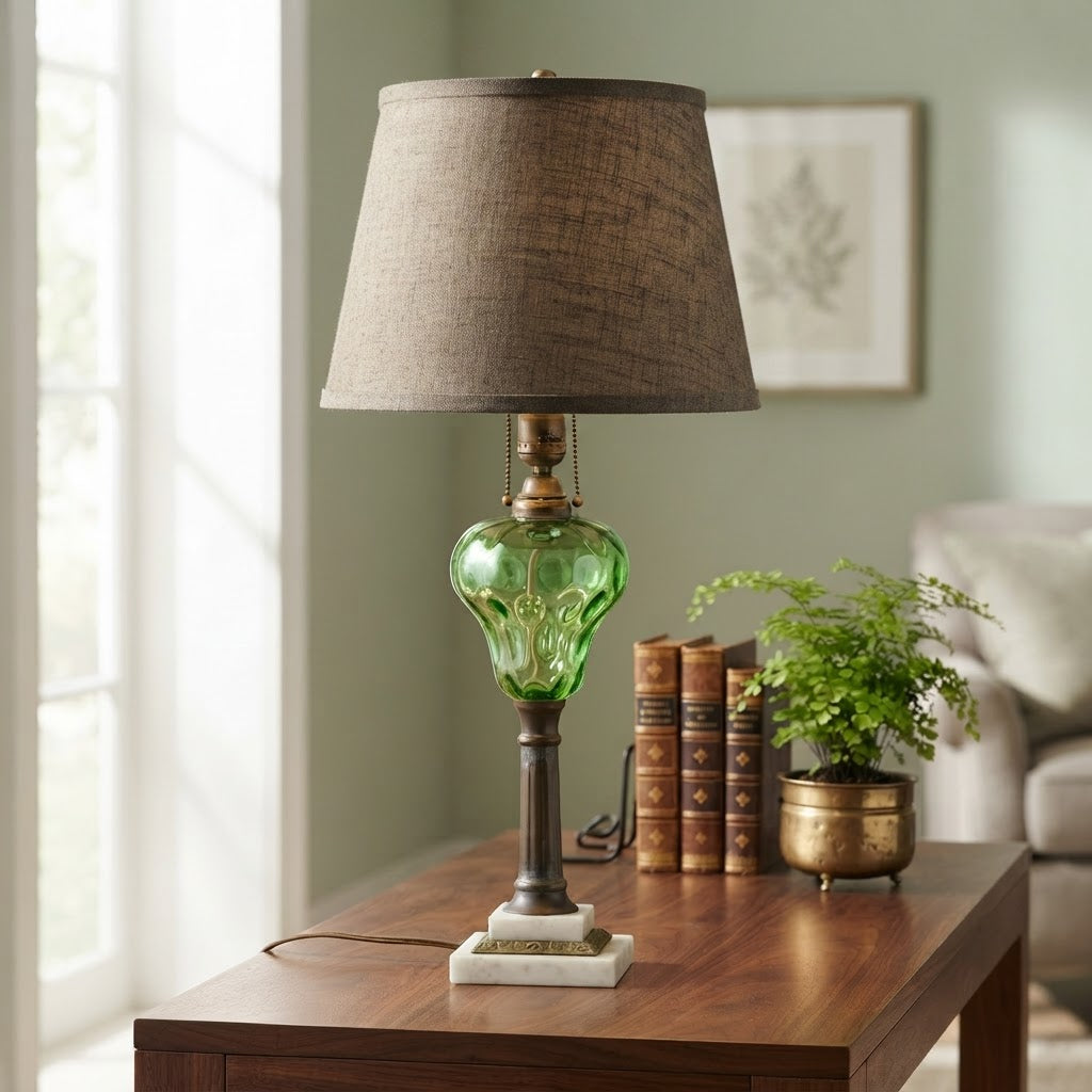 Vintage Emerald Green Glass Table Lamp with Marble Base | Brass Accent Lamp | Small Antique Lamp | 19.5"