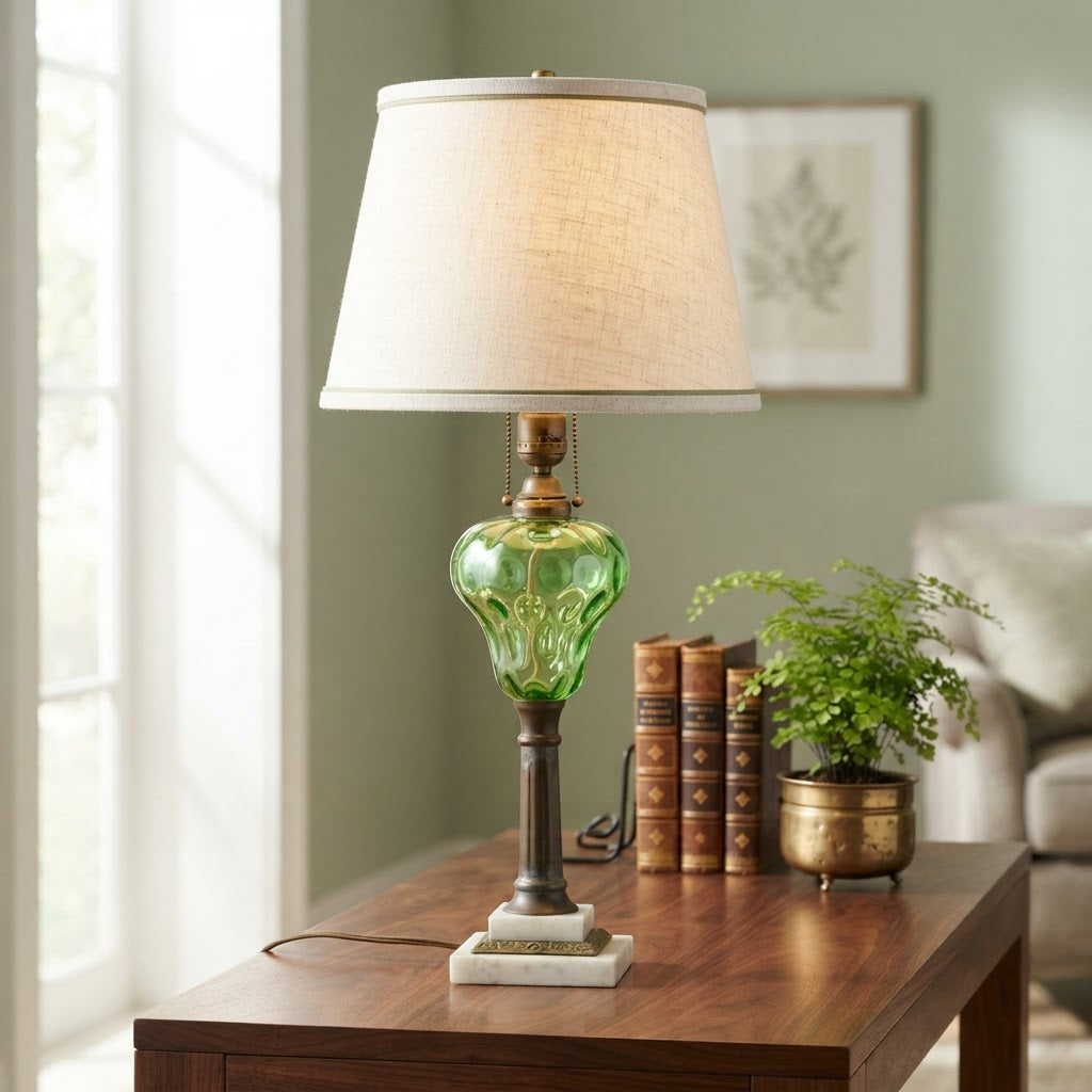 Vintage Emerald Green Glass Table Lamp with Marble Base | Brass Accent Lamp | Small Antique Lamp | 19.5"
