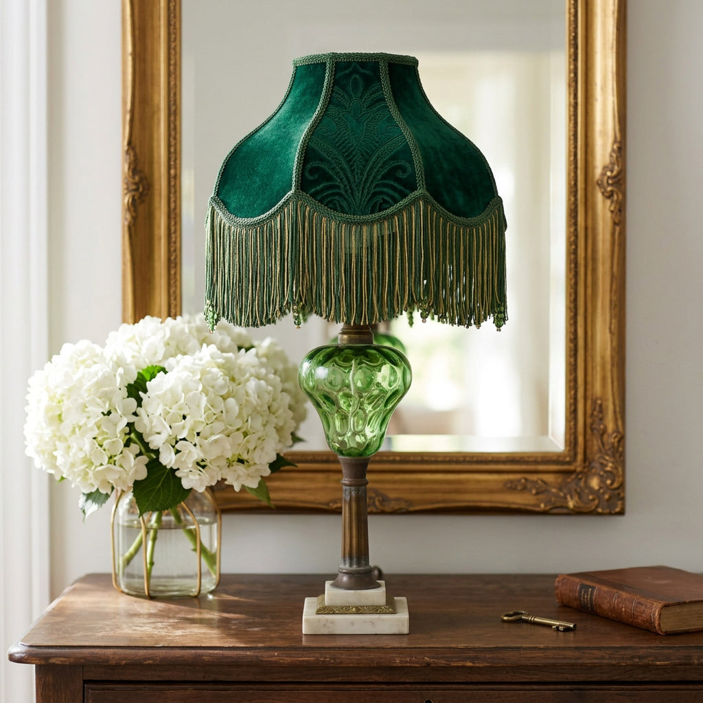 Antique Electrified Oil Lamp – Emerald Green Thumbprint Glass, Brass Lamp; Marble Base – 24” Table Lamp
