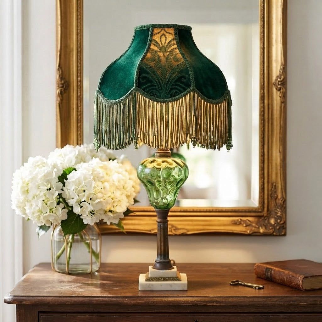 Antique Electrified Oil Lamp – Emerald Green Thumbprint Glass, Brass Lamp; Marble Base – 24” Table Lamp
