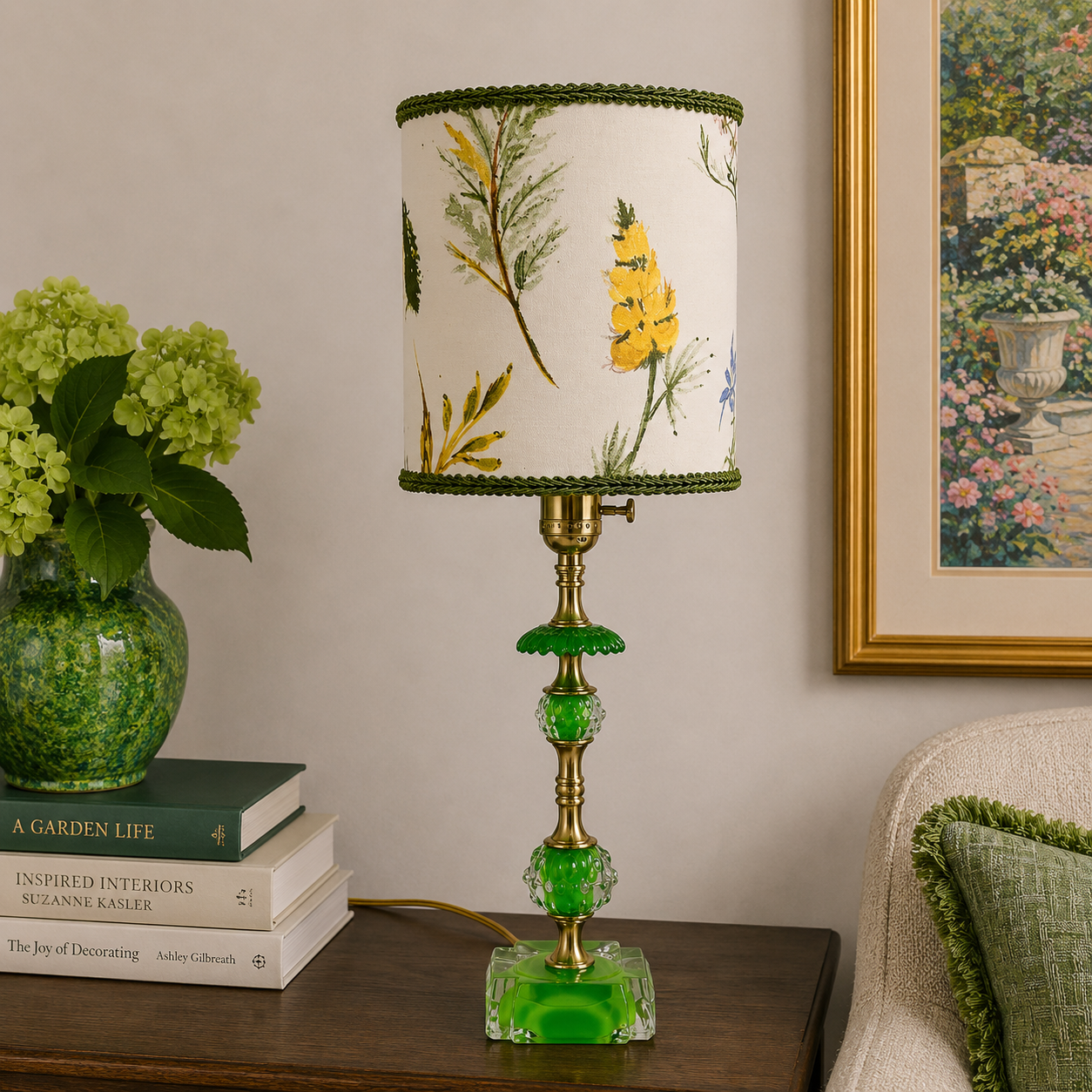 A table lamp with a cream fabric shade featuring yellow and green botanical illustrations, a gold-toned metal stem, and green faceted glass accents, styled on a wooden side table in a living room setting.