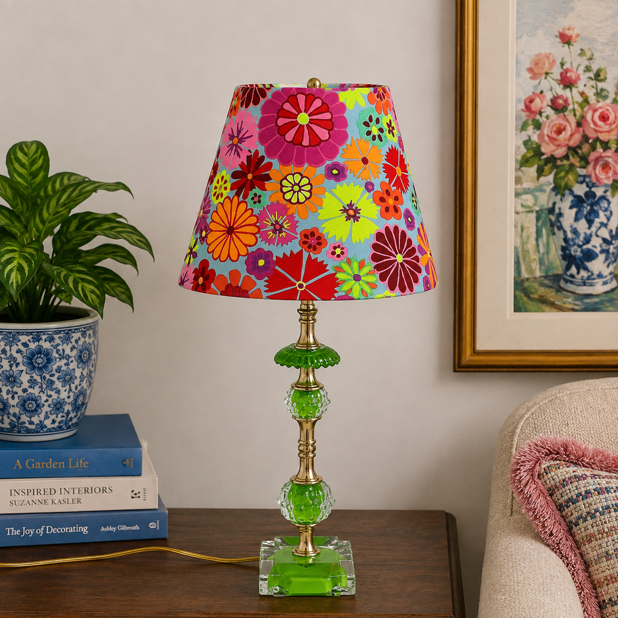 A colorful table lamp with a vibrant floral patterned shade and green glass base, styled on a wooden side table next to a potted plant and framed wall art.