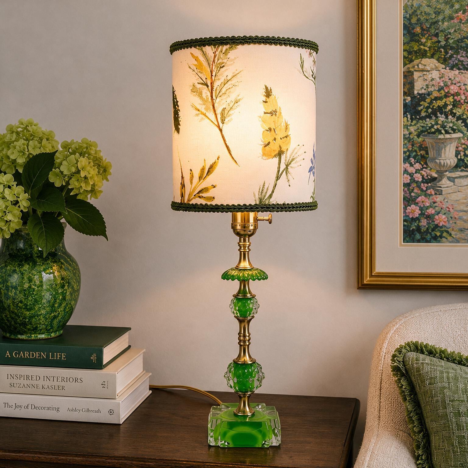Emmitt Electric Green Glass Table Lamp | Custom Vintage Glass Lamp | Brass Accent Lamp | One of a Kind Lighting