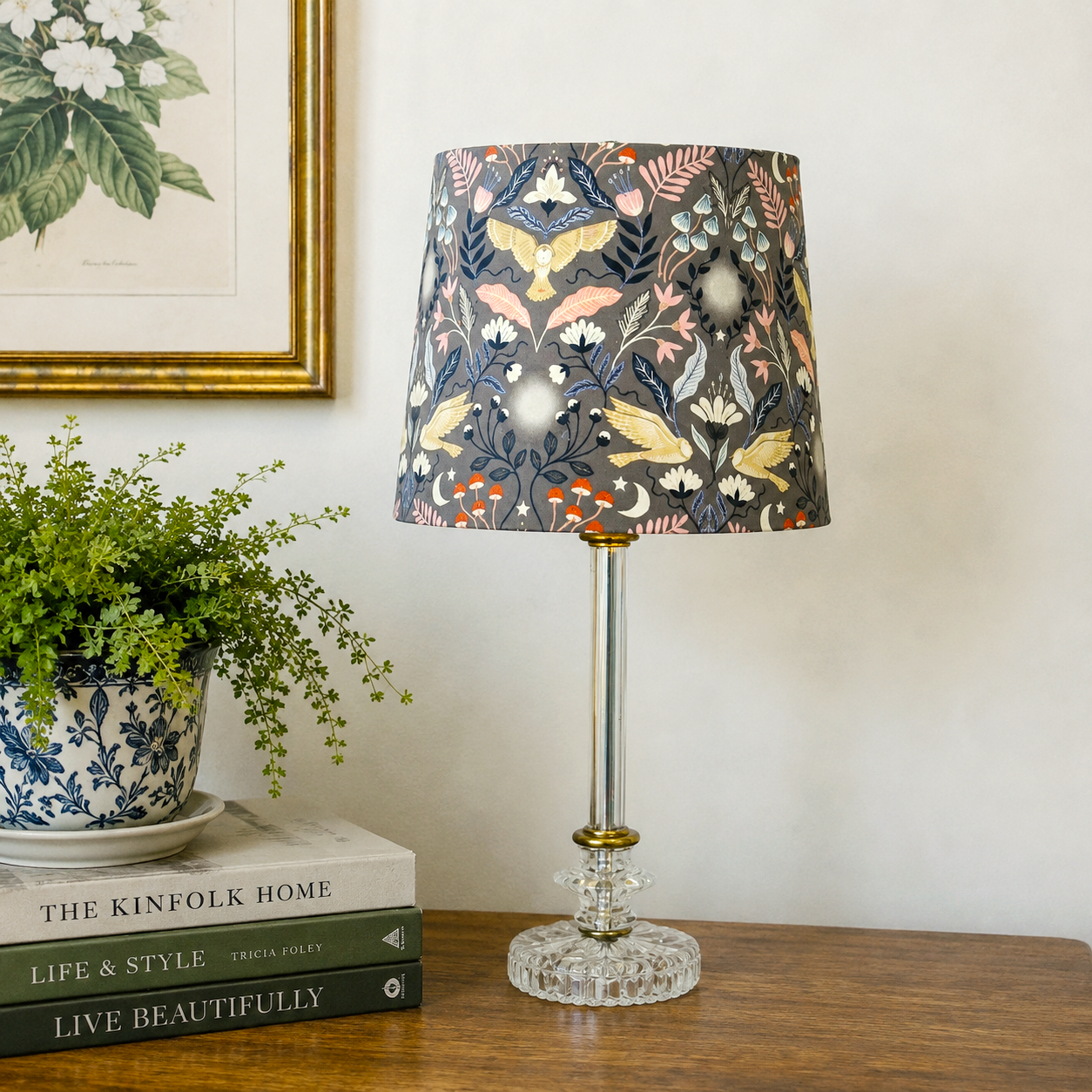 Small Empire Lampshade | Enchanted Owls Cotton Shade | Handmade Empire Lamp Shade | Watercolor Abstract Lampshade | 8" Tall