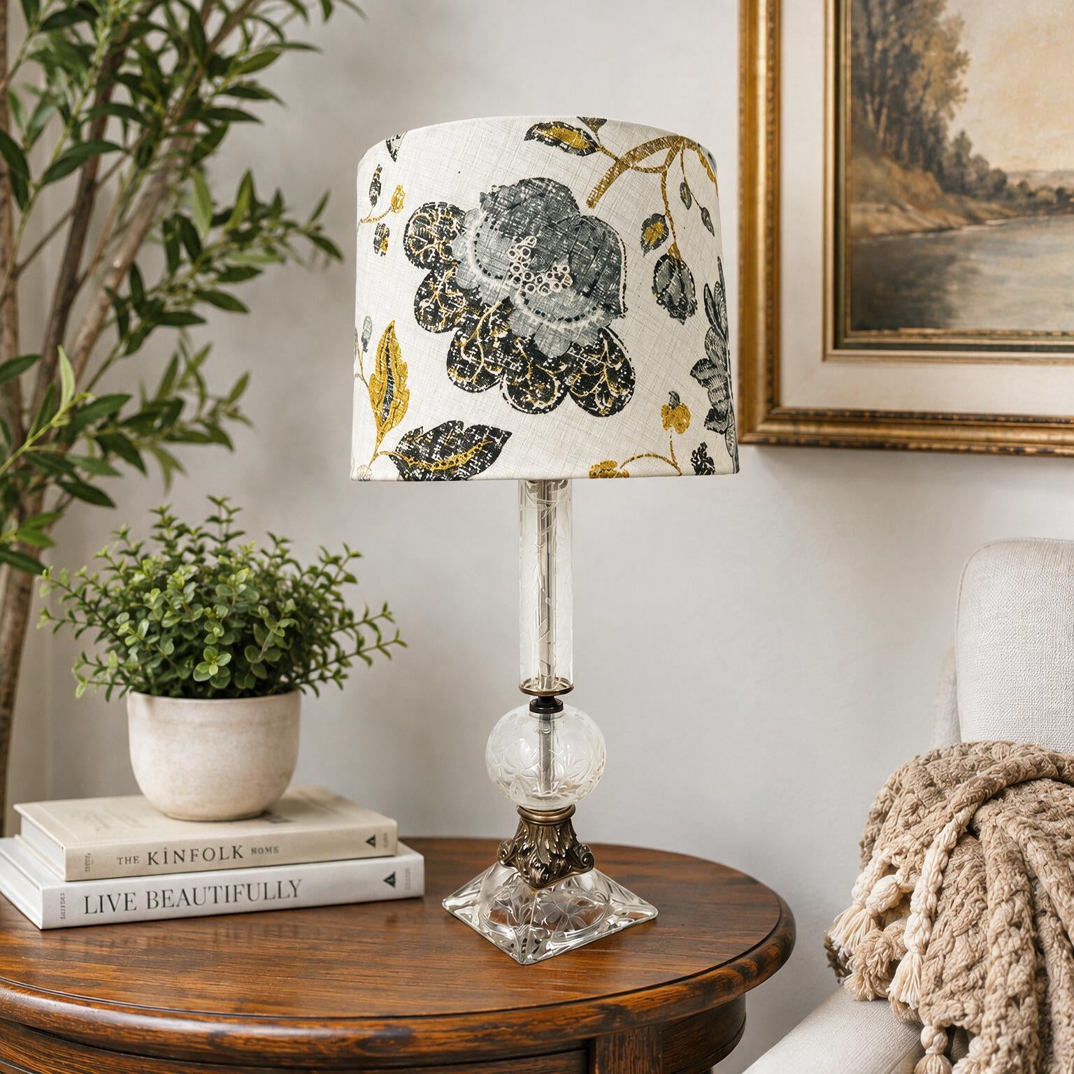 One of a Kind Vintage Glass Table Lamp – Restored 27” Tall Lamp – Ornate Brass &amp; Glass Accent Lighting