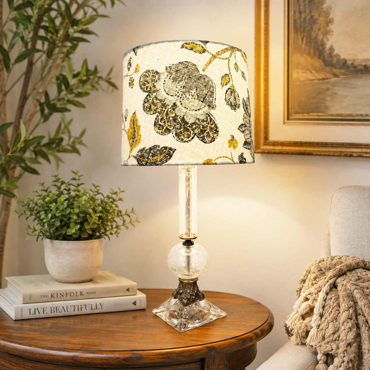 One of a Kind Vintage Glass Table Lamp – Restored 27” Tall Lamp – Ornate Brass &amp; Glass Accent Lighting