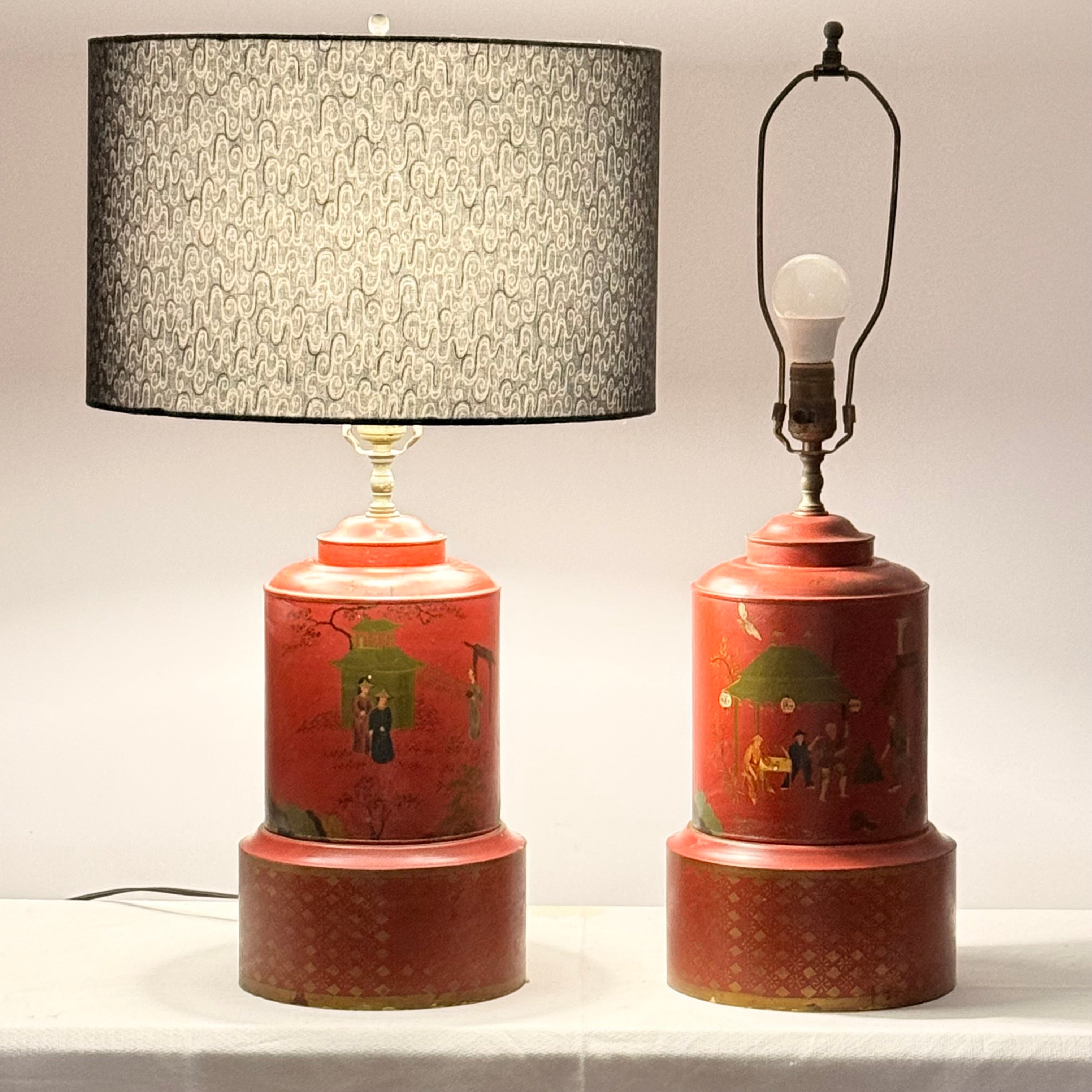 Pair of Large Hand Painted Japanese Market Scene Lamps