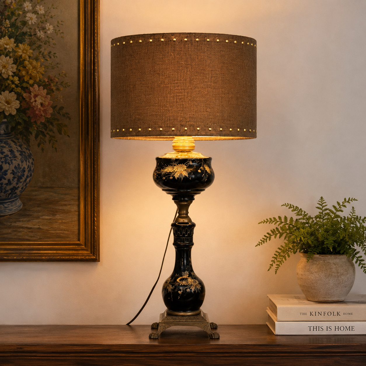 Antique Black Glass Oil Lamp Converted to Electric | Hand Painted Floral Table Lamp
