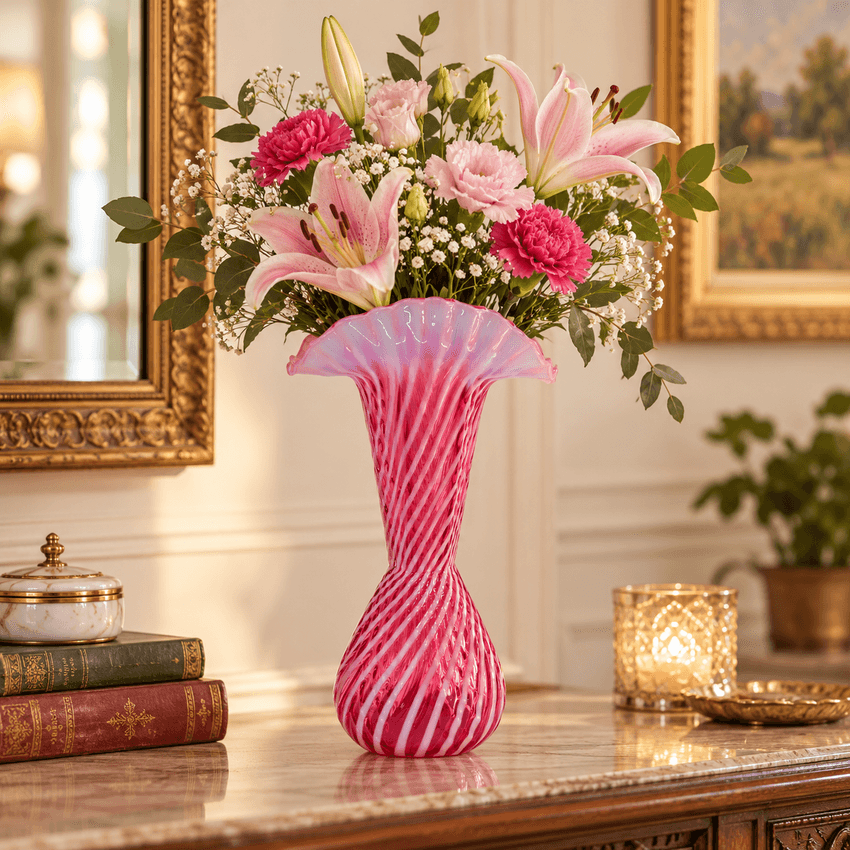 Vintage Fenton Cranberry Opalescent Spiral Optic Ruffled Trumpet Vase, 11.75 Inch