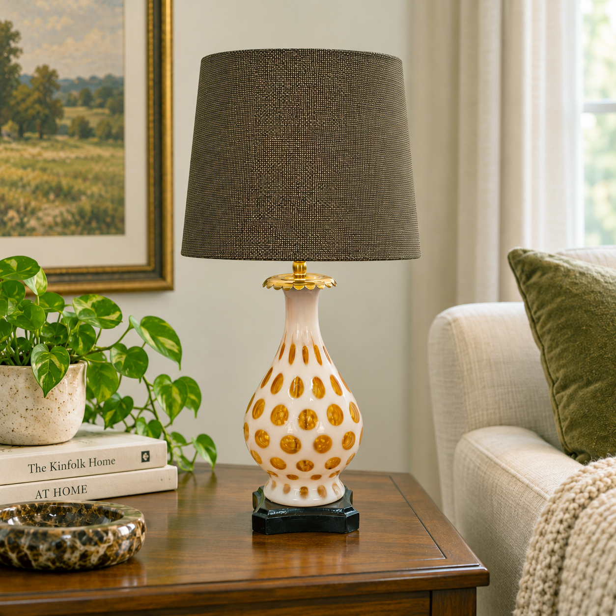 Vintage Fenton Coin Dot Glass Table Lamp | White Opalescent Glass with Amber Red Dots | Mid Century Accent Lighting