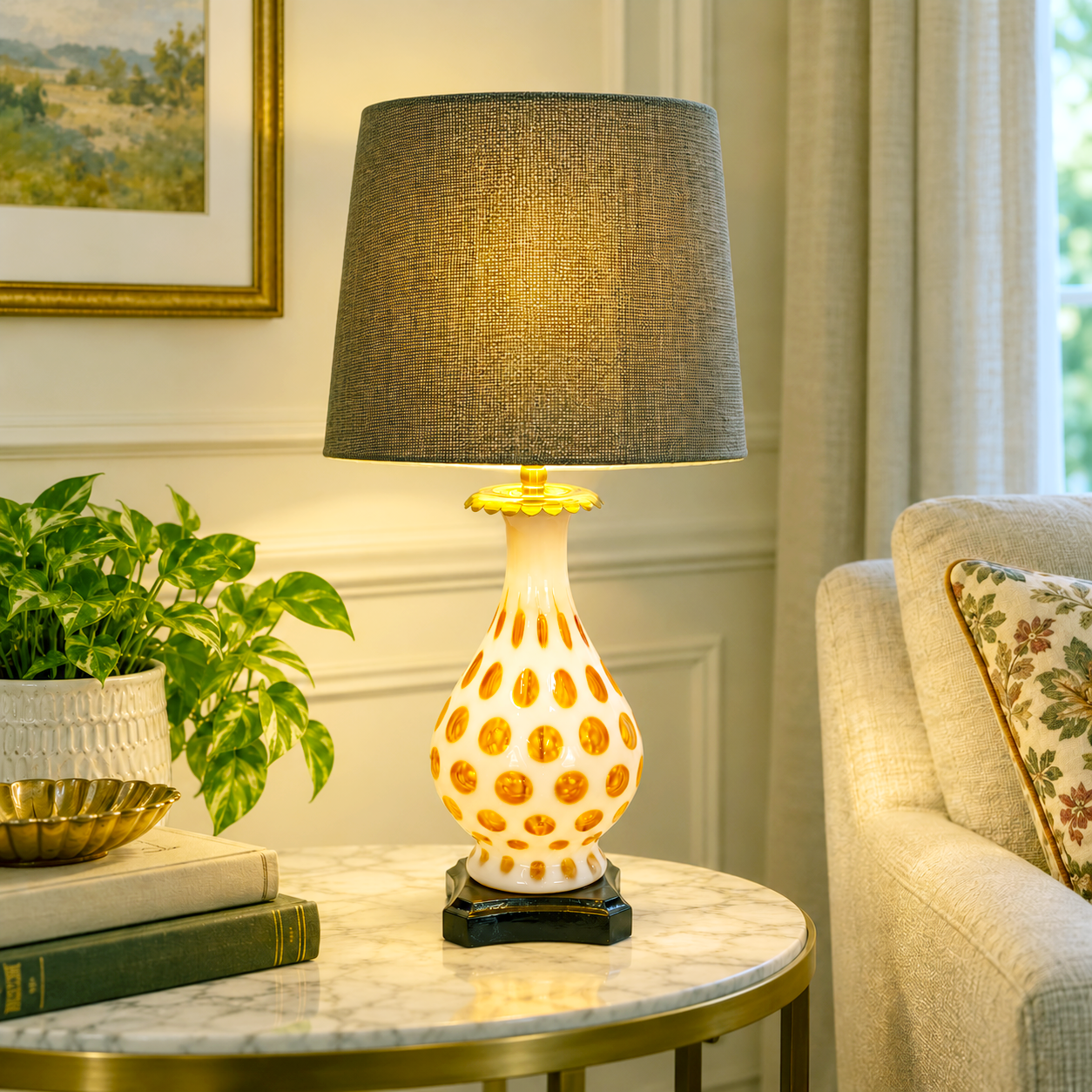 Vintage Fenton Coin Dot Glass Table Lamp | White Opalescent Glass with Amber Red Dots | Mid Century Accent Lighting
