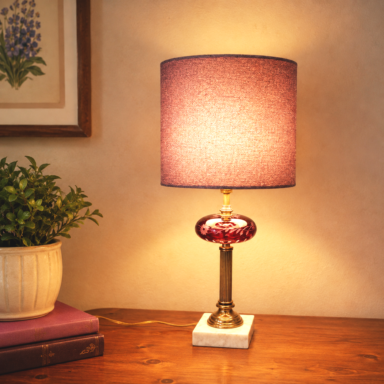 Vintage Cranberry Ruby Cut to Clear Glass Table Lamp | Etched Floral Glass | Brass Lamp | Marble Accent Lamp | Rewired Vintage Lighting