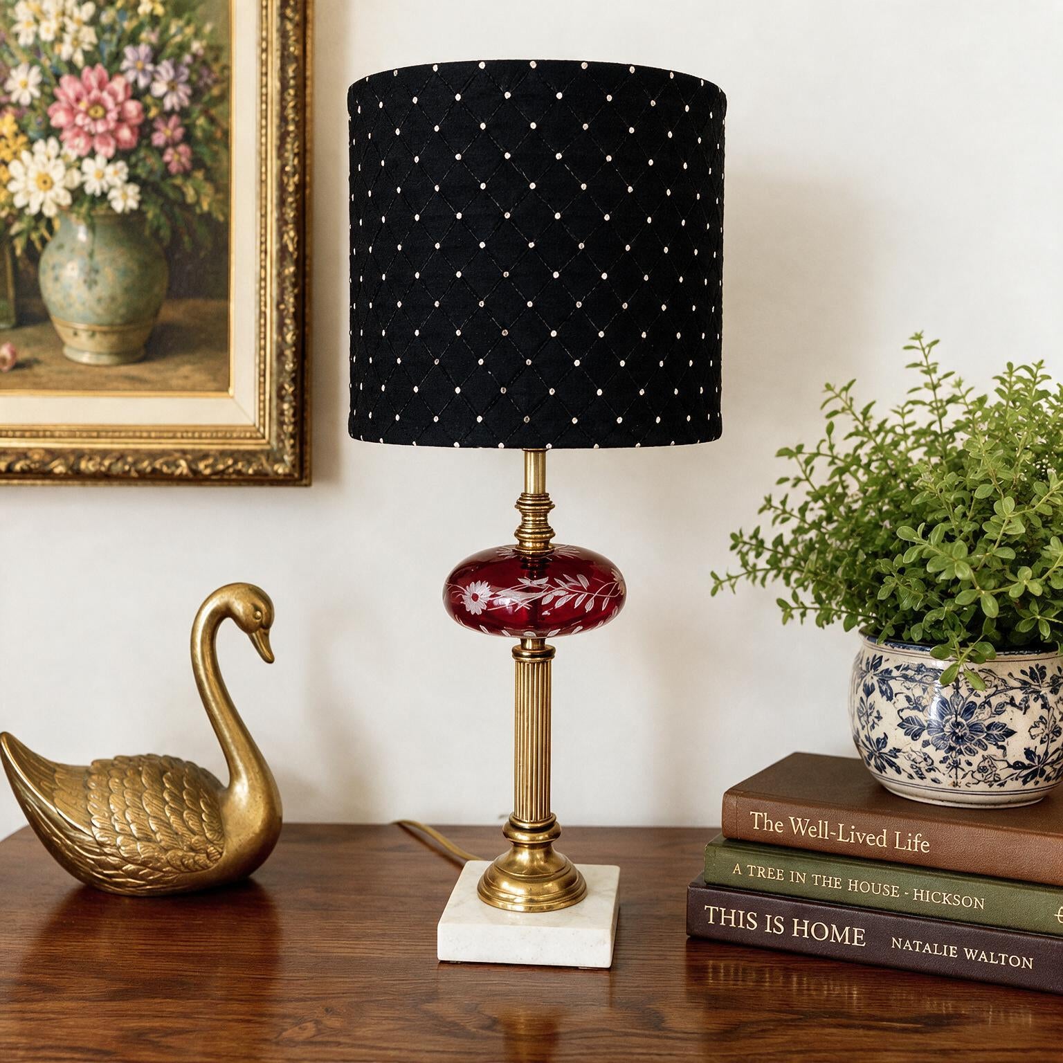 Vintage Cranberry Ruby Cut to Clear Glass Table Lamp | Etched Floral Glass | Brass Lamp | Marble Accent Lamp | Rewired Vintage Lighting