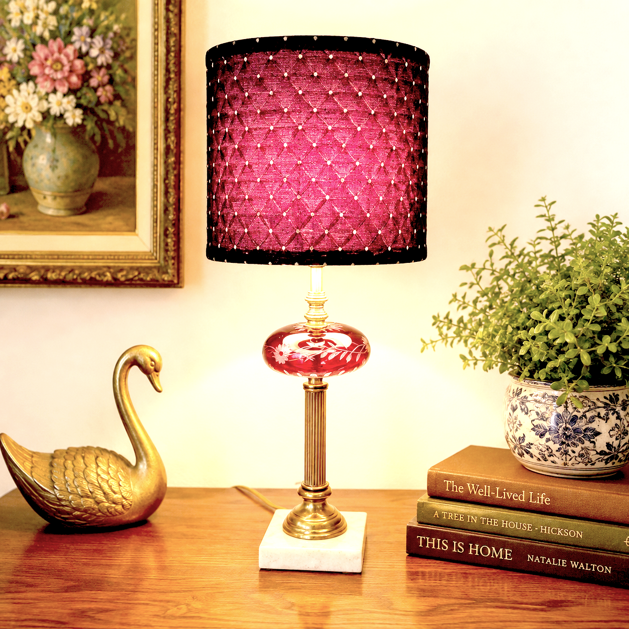 Vintage Cranberry Ruby Cut to Clear Glass Table Lamp | Etched Floral Glass | Brass Lamp | Marble Accent Lamp | Rewired Vintage Lighting