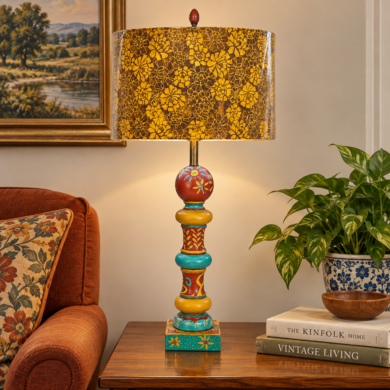 Vintage Folk Art Painted Wood Table Lamp by Kendy Sawyer – Turquoise Red Mustard 34” Statement Lamp