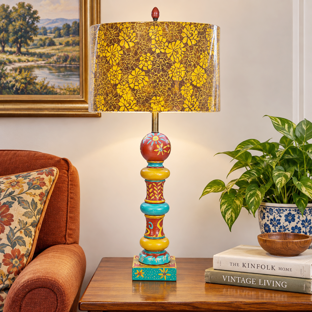 Vintage Folk Art Painted Wood Table Lamp by Kendy Sawyer – Turquoise Red Mustard 34” Statement Lamp