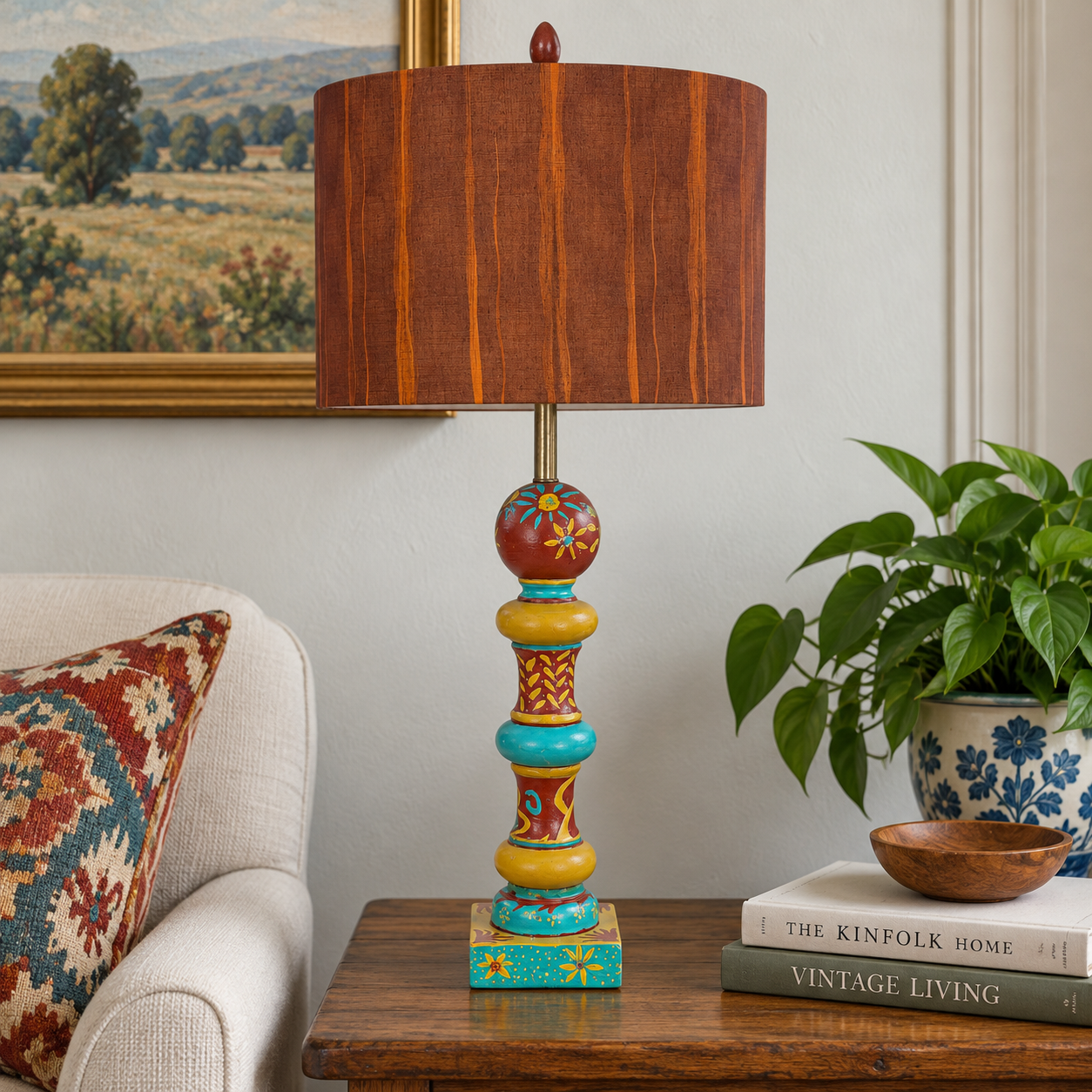A decorative table lamp with a warm brown wood-grain drum shade and a colorful painted pedestal base, styled on a wooden side table in a living room setting.