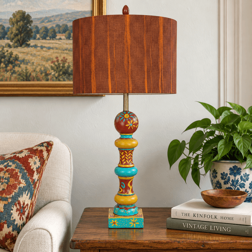 Vintage Folk Art Painted Wood Table Lamp by Kendy Sawyer – Turquoise Red Mustard 34” Statement Lamp