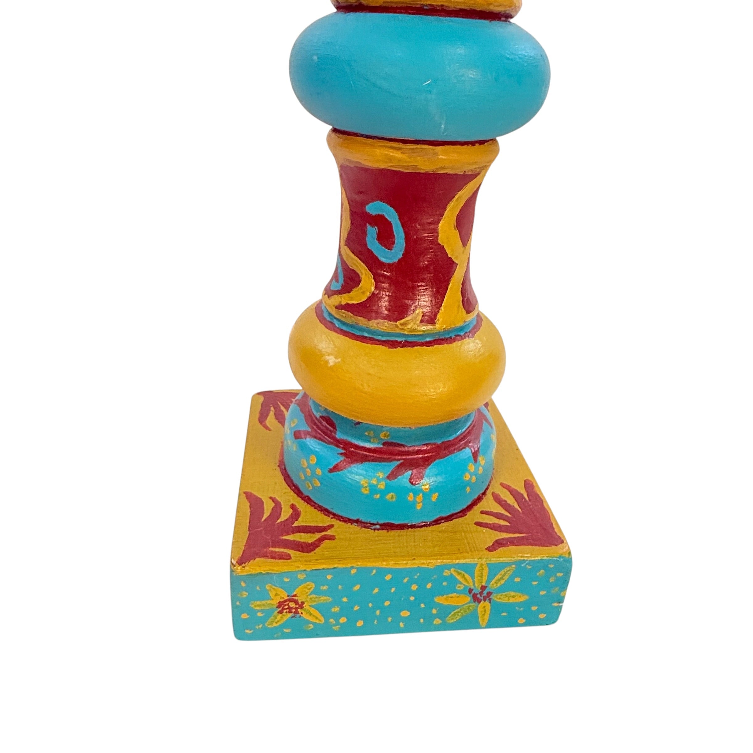 Vintage Folk Art Painted Wood Table Lamp by Kendy Sawyer – Turquoise Red Mustard 34” Statement Lamp