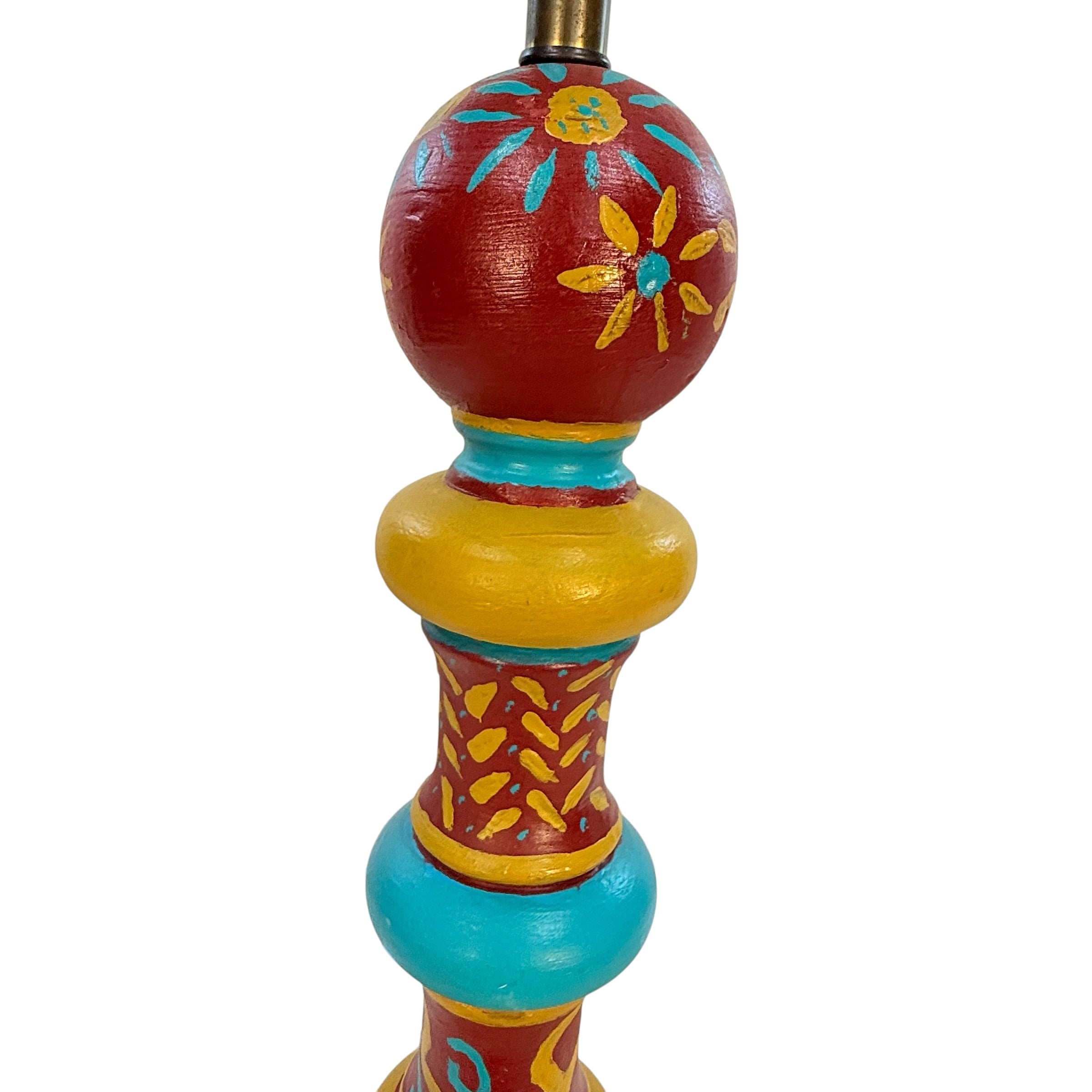 Vintage Folk Art Painted Wood Table Lamp by Kendy Sawyer – Turquoise Red Mustard 34” Statement Lamp