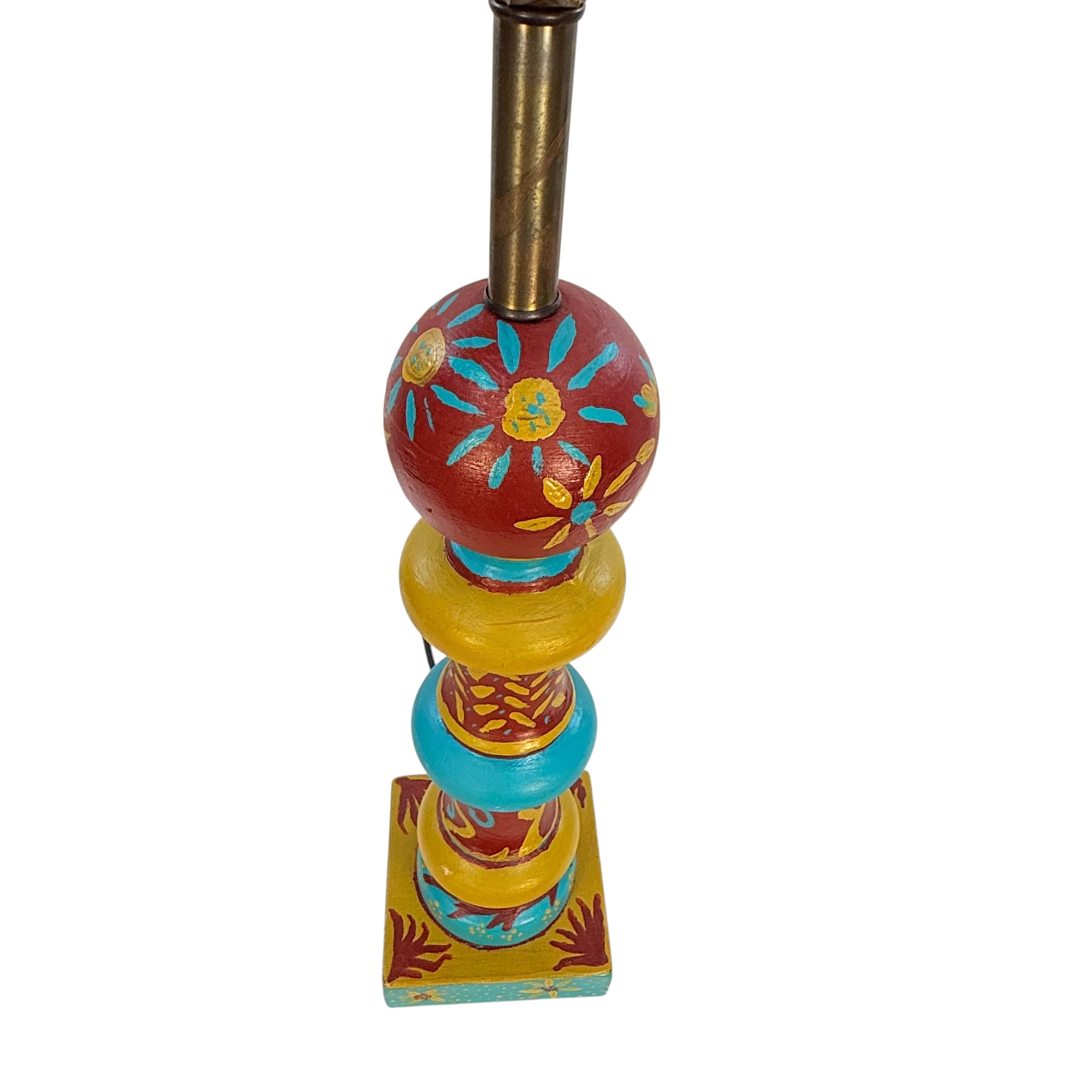 Vintage Folk Art Painted Wood Table Lamp by Kendy Sawyer – Turquoise Red Mustard 34” Statement Lamp