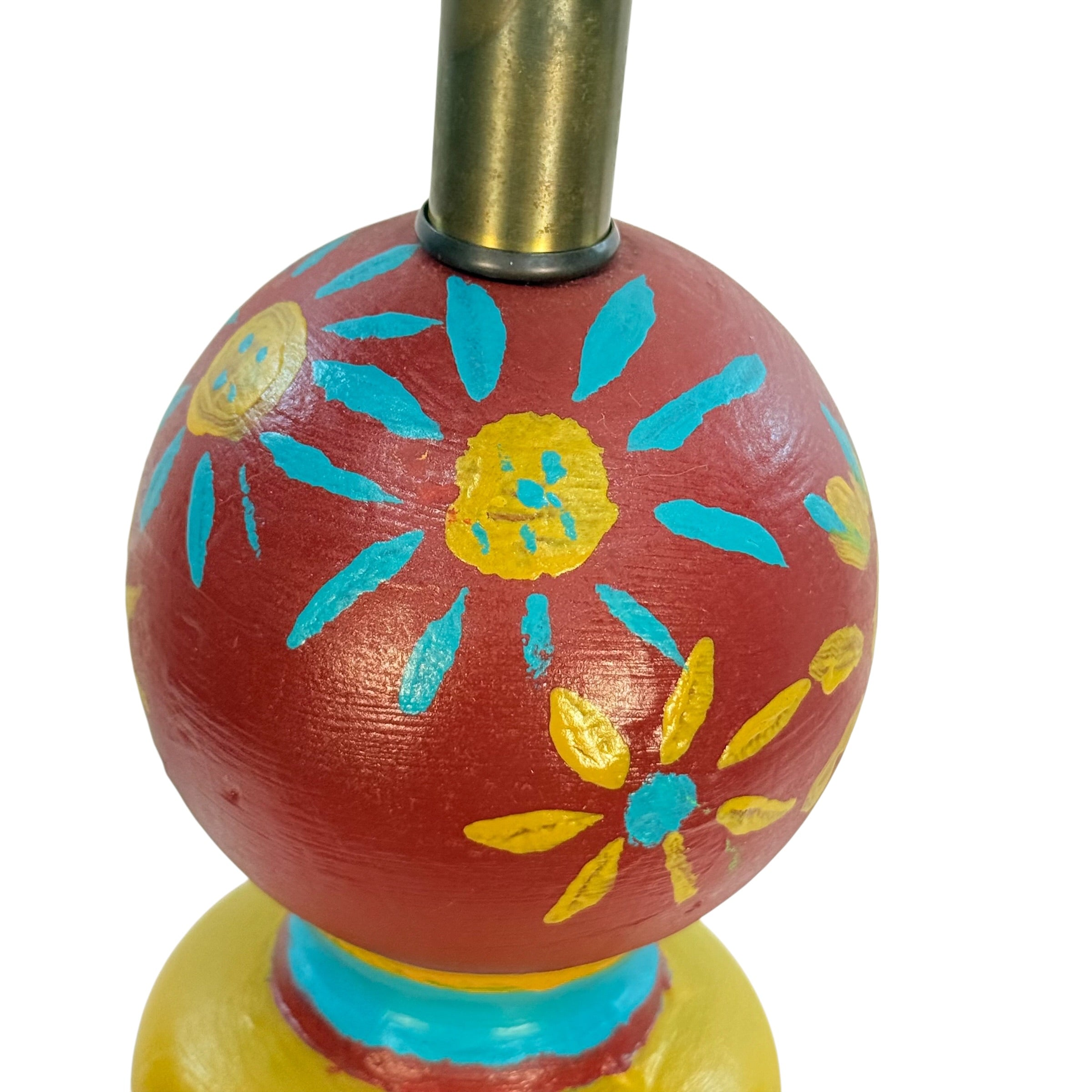 Vintage Folk Art Painted Wood Table Lamp by Kendy Sawyer – Turquoise Red Mustard 34” Statement Lamp
