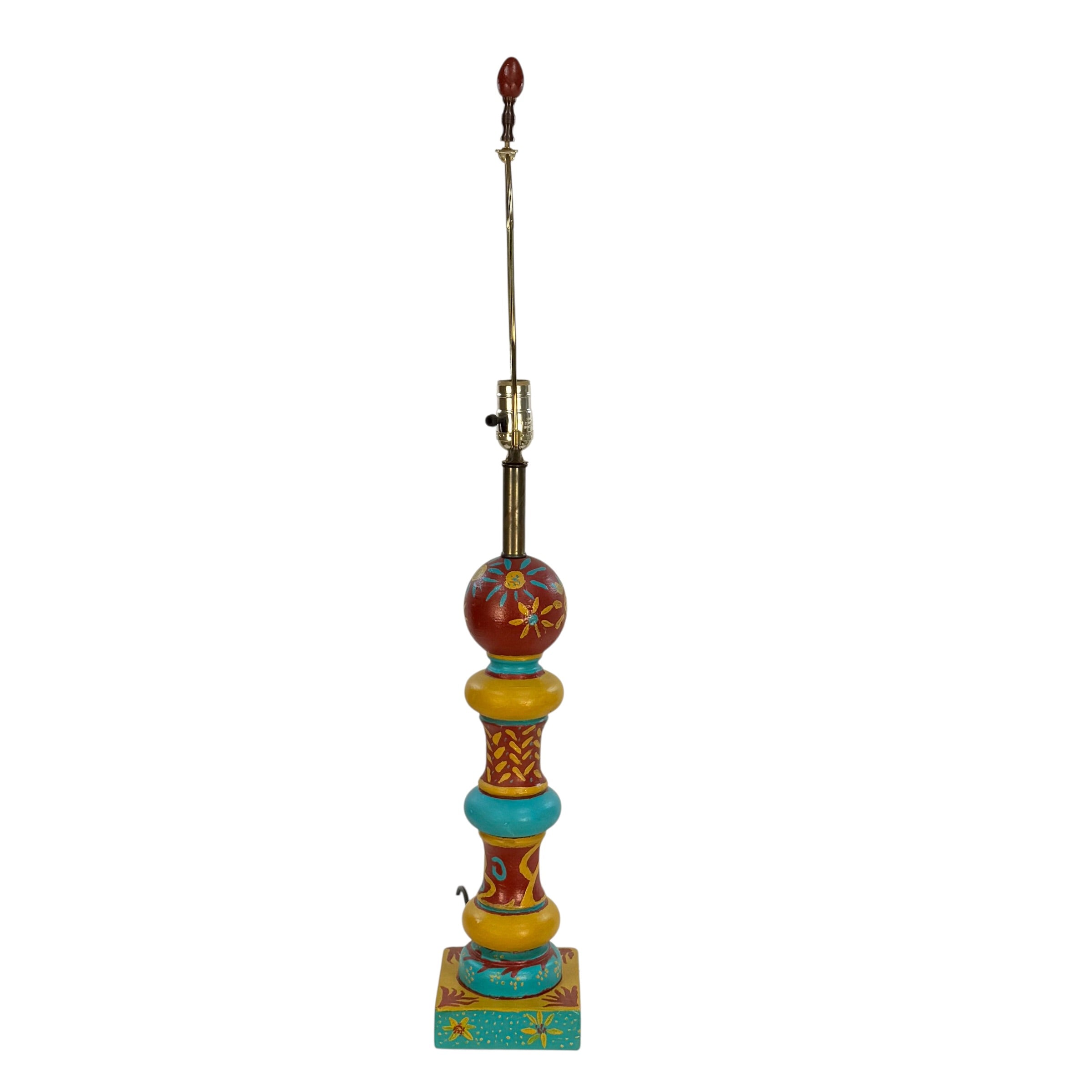 Vintage Folk Art Painted Wood Table Lamp by Kendy Sawyer – Turquoise Red Mustard 34” Statement Lamp