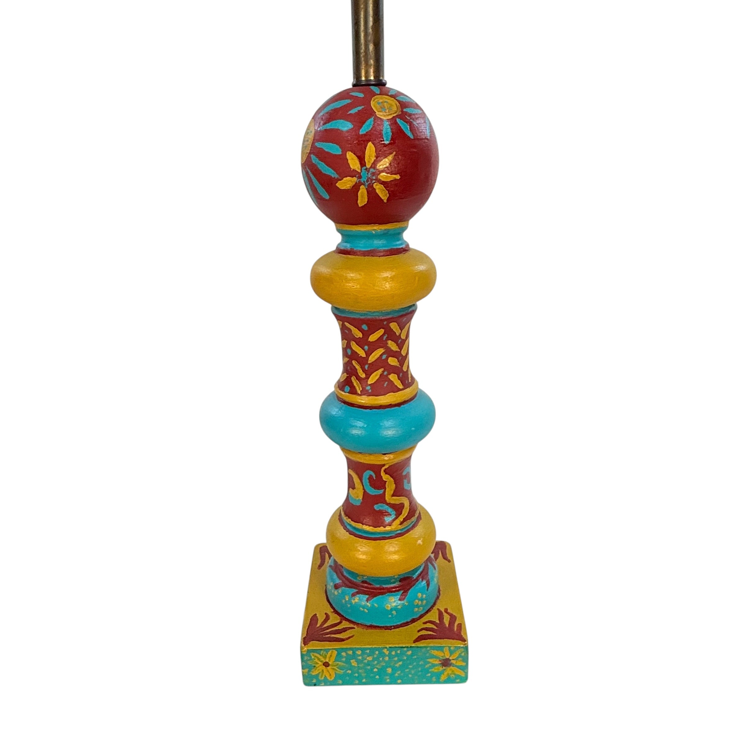 Vintage Folk Art Painted Wood Table Lamp by Kendy Sawyer – Turquoise Red Mustard 34” Statement Lamp