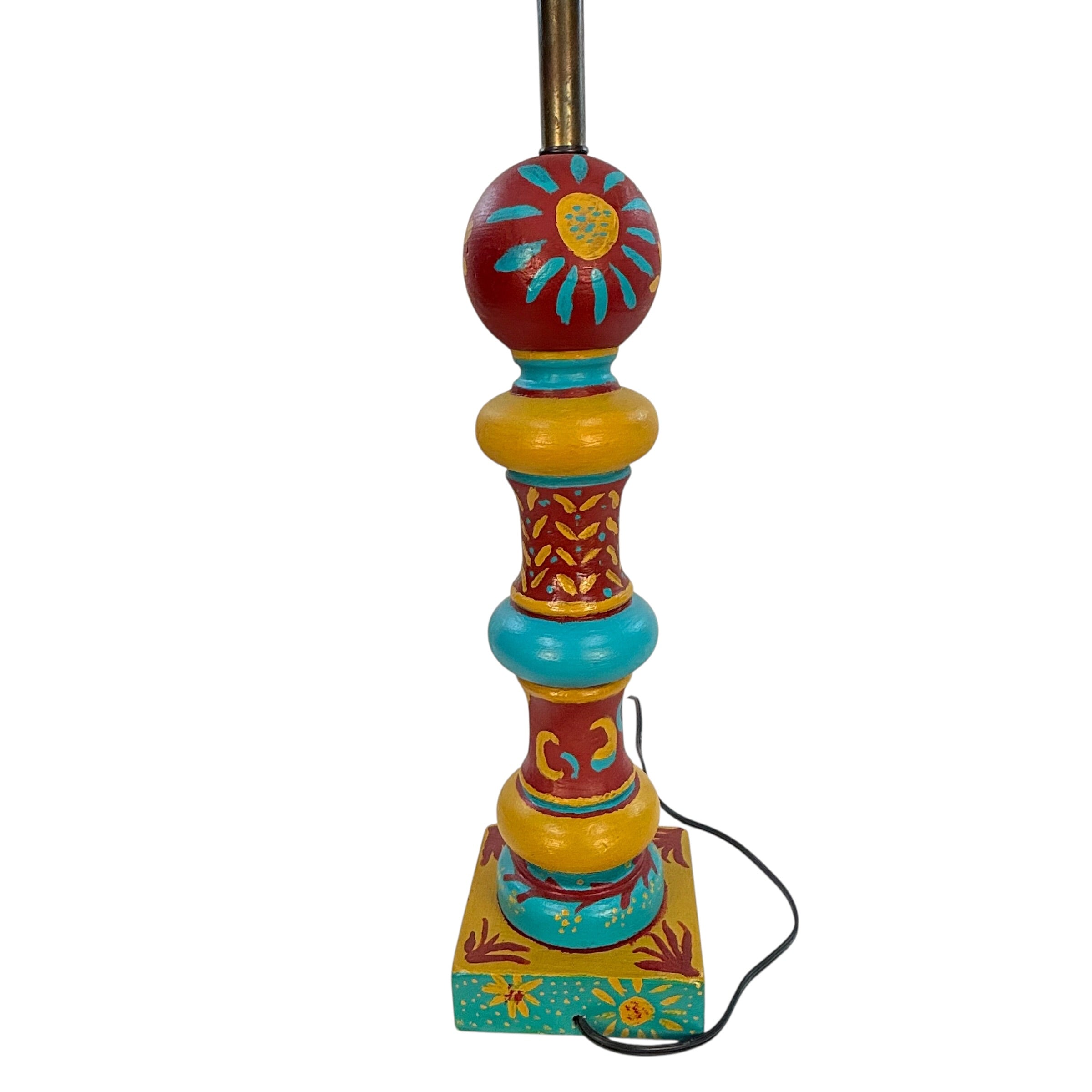 Vintage Folk Art Painted Wood Table Lamp by Kendy Sawyer – Turquoise Red Mustard 34” Statement Lamp