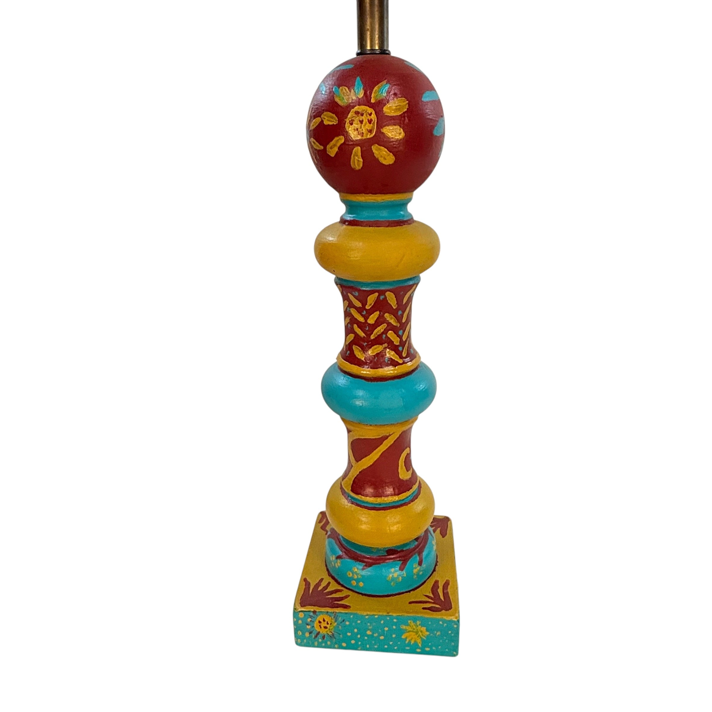 Vintage Folk Art Painted Wood Table Lamp by Kendy Sawyer – Turquoise Red Mustard 34” Statement Lamp