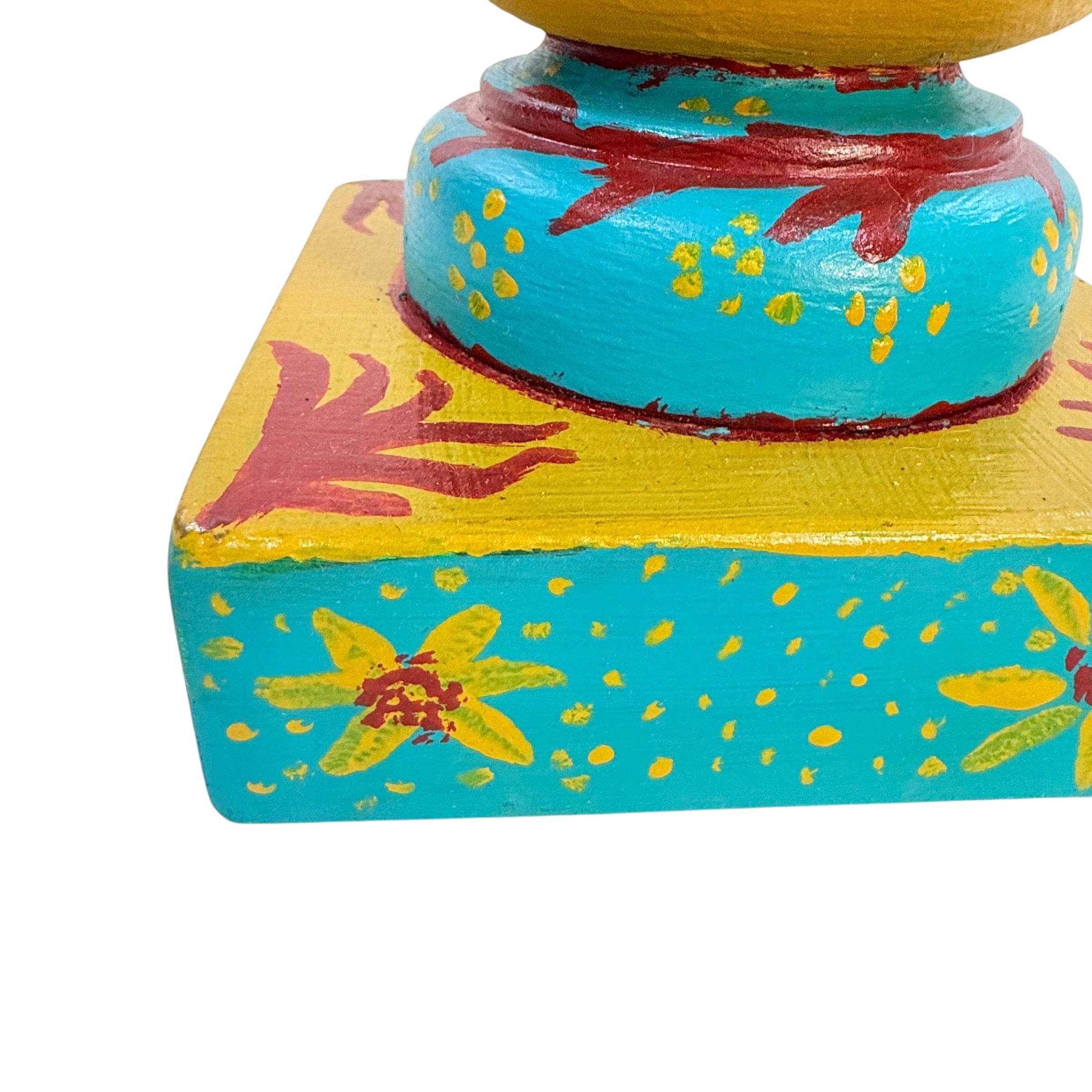 Vintage Folk Art Painted Wood Table Lamp by Kendy Sawyer – Turquoise Red Mustard 34” Statement Lamp