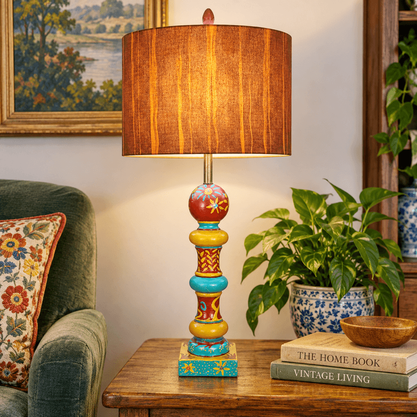 Vintage Folk Art Painted Wood Table Lamp by Kendy Sawyer – Turquoise Red Mustard 34” Statement Lamp