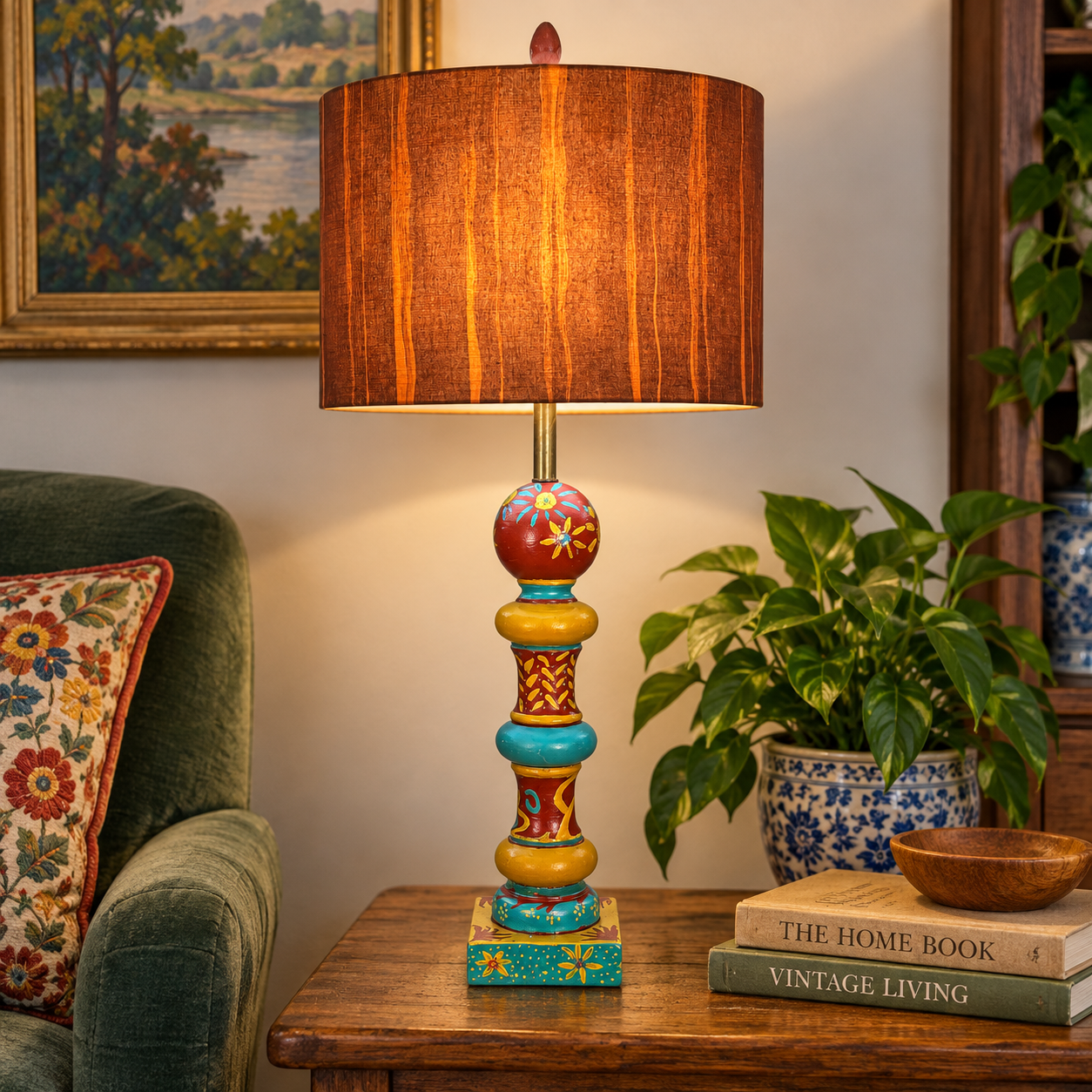 Vintage Folk Art Painted Wood Table Lamp by Kendy Sawyer – Turquoise Red Mustard 34” Statement Lamp