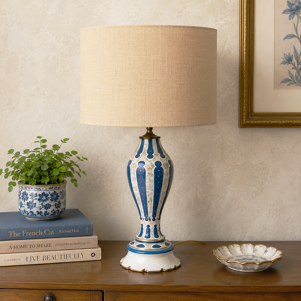 Vintage French Blue Opaline Glass Table Lamp | Restored Blue & White Glass Lamp with Gold Accents | Rewired | 24" Tall