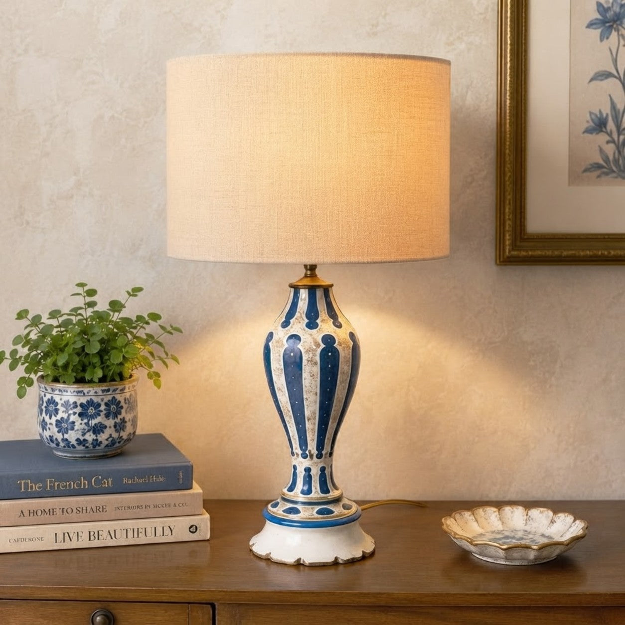 Vintage French Blue Opaline Glass Table Lamp | Restored Blue & White Glass Lamp with Gold Accents | Rewired | 24" Tall