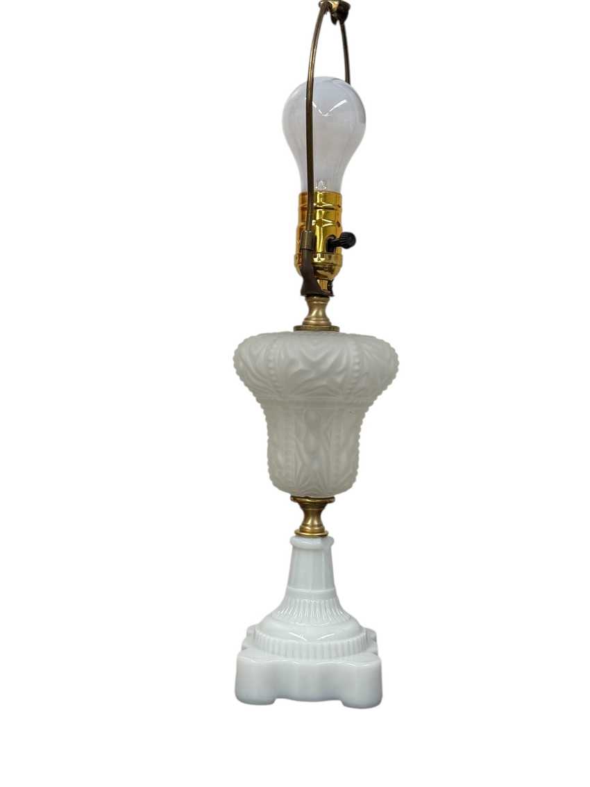 White Lamp with Frosted Glass Font and Milk Glass Base