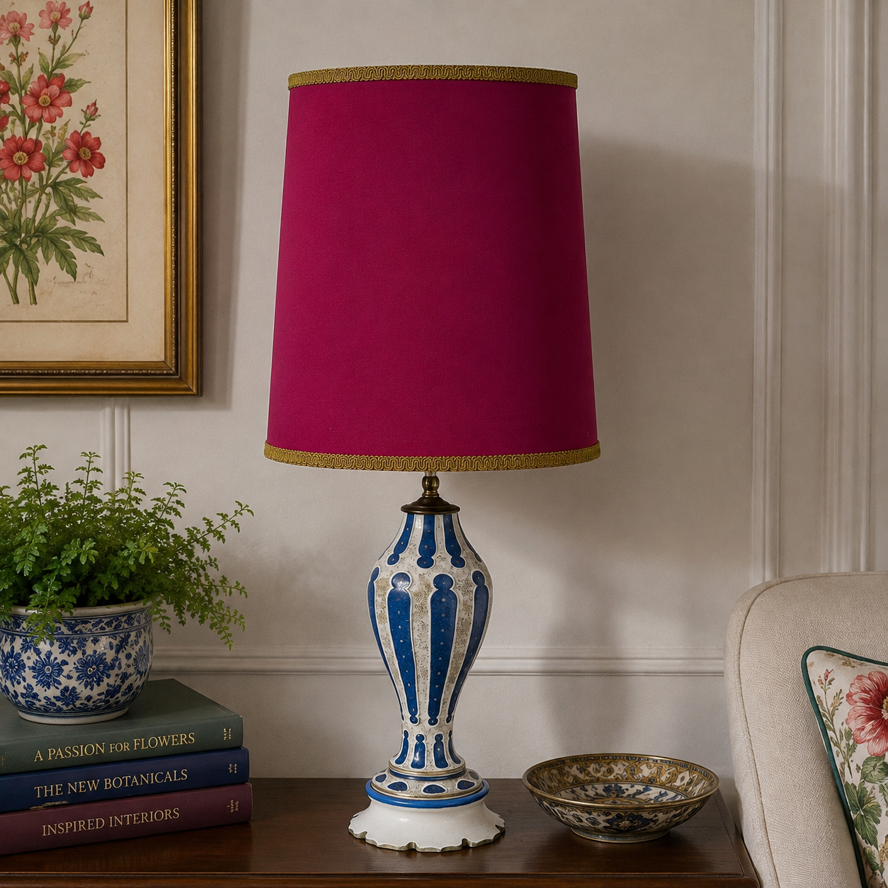 A table lamp with a vibrant magenta pink fabric drum shade trimmed in gold, set on a blue and white porcelain base on a wooden table in a styled room.