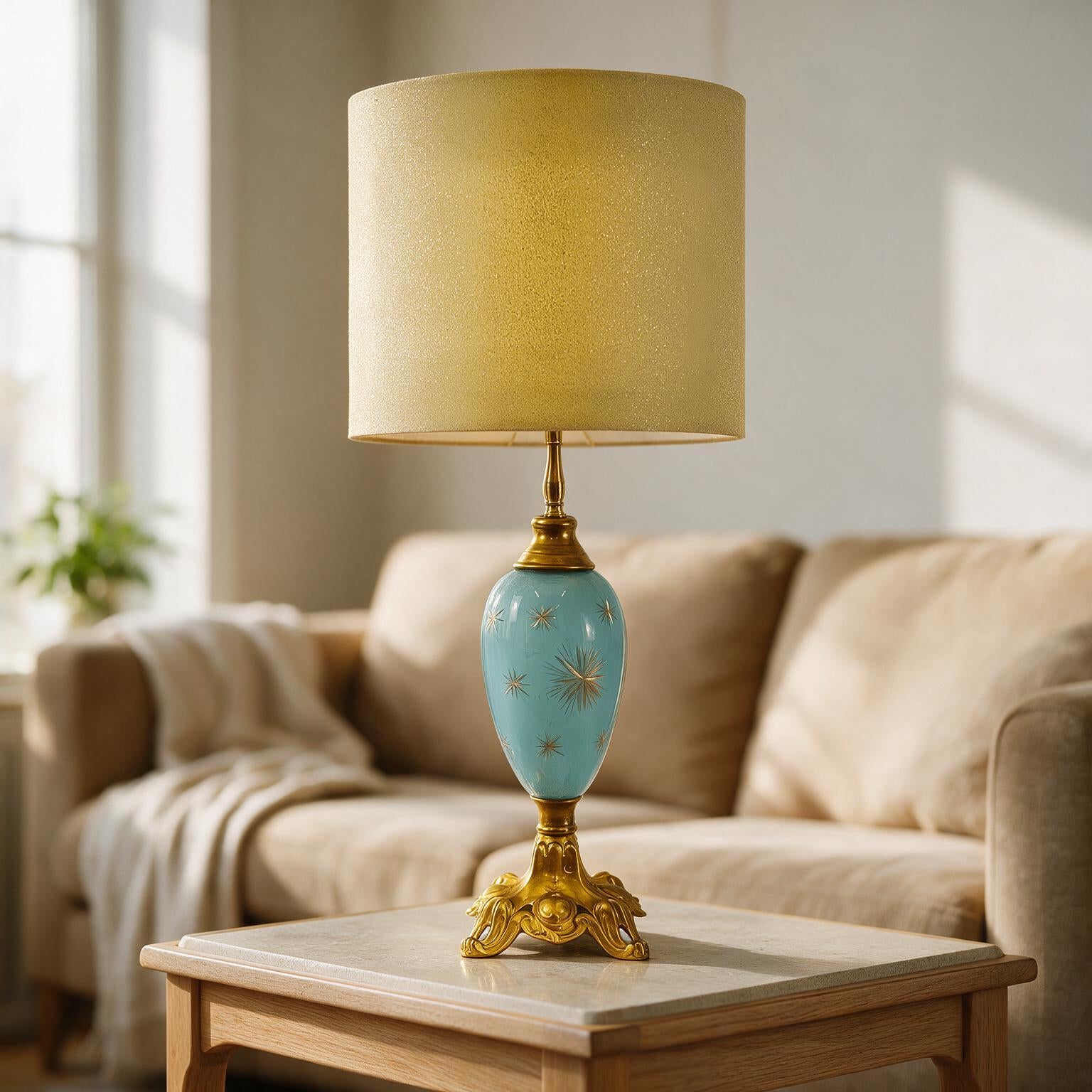 "Galileo" One-of-a-Kind Turquoise Glass Table Lamp with Gold Starbursts | Atomic Mid Century Hollywood Regency Lamp