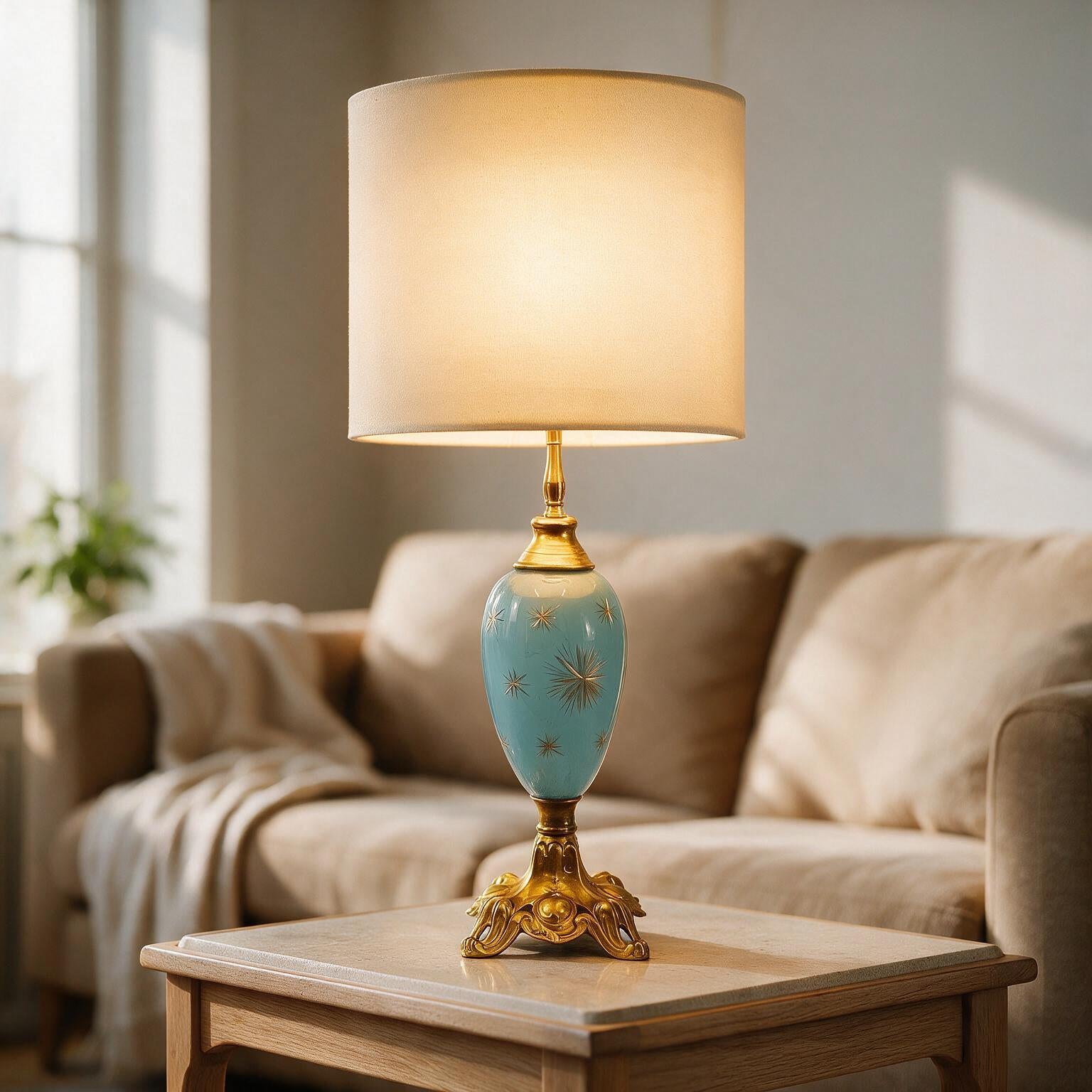 "Galileo" One-of-a-Kind Turquoise Glass Table Lamp with Gold Starbursts | Atomic Mid Century Hollywood Regency Lamp
