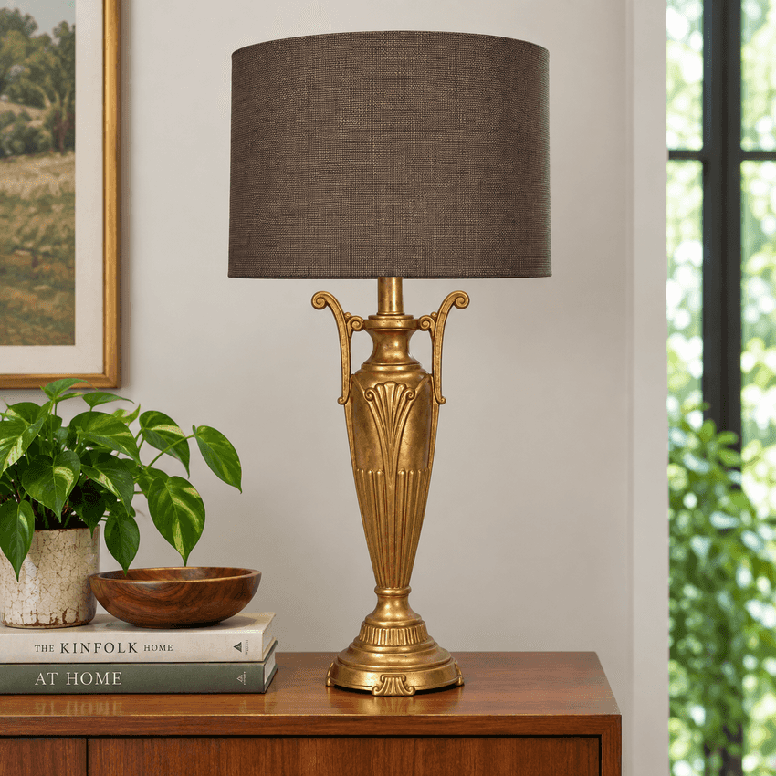 Vintage Gold Metal Urn Table Lamp – Neoclassical Hollywood Regency Amphora Lamp – Tall 29” Ornate Gold Accent Lamp