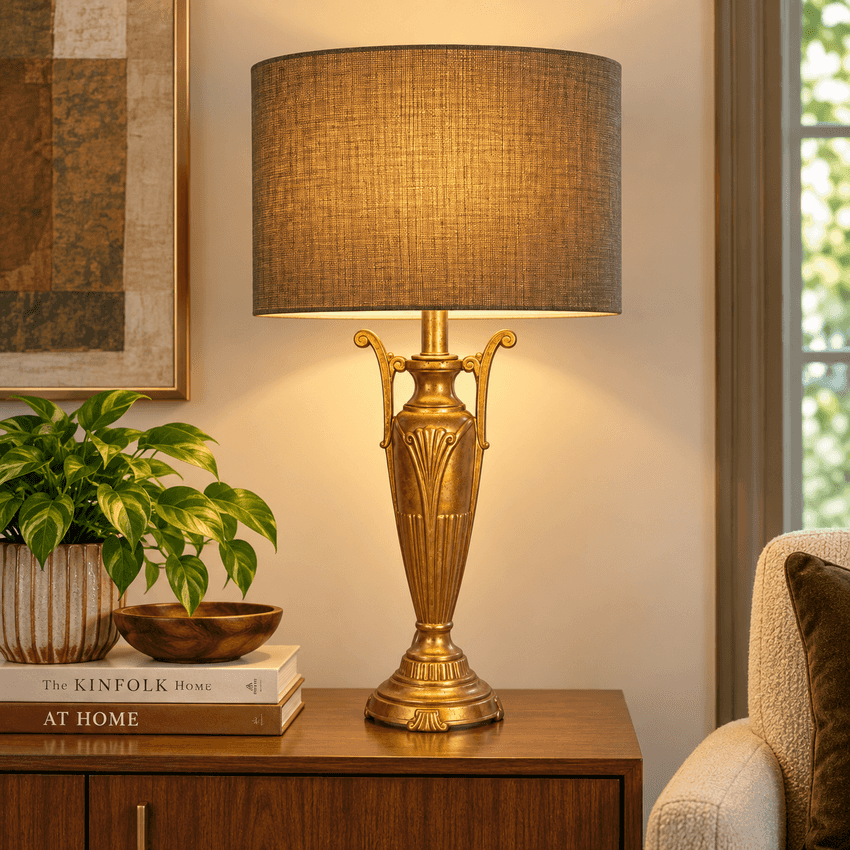 Vintage Gold Metal Urn Table Lamp – Neoclassical Hollywood Regency Amphora Lamp – Tall 29” Ornate Gold Accent Lamp